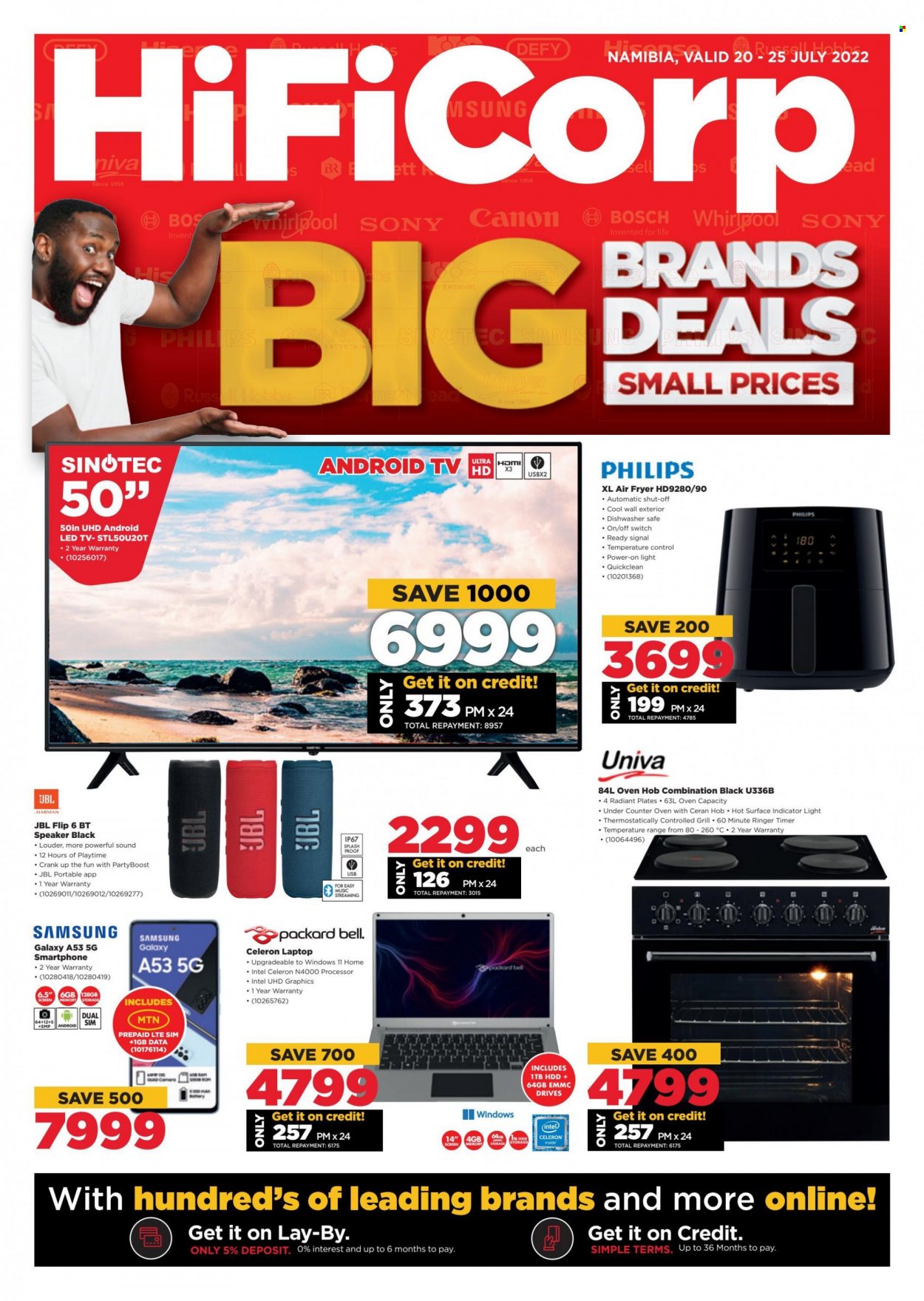 HiFiCorp catalogue  - 20/07/2022 - 25/07/2022 - Sales products - Philips, Intel, Samsung Galaxy, Sony, Samsung, smartphone, laptop, Canon, camera, Android TV, LED TV, TV, SINOTEC, speaker, JBL, Bosch, Whirlpool, oven, hob, air fryer, Russell Hobbs. Page 1.