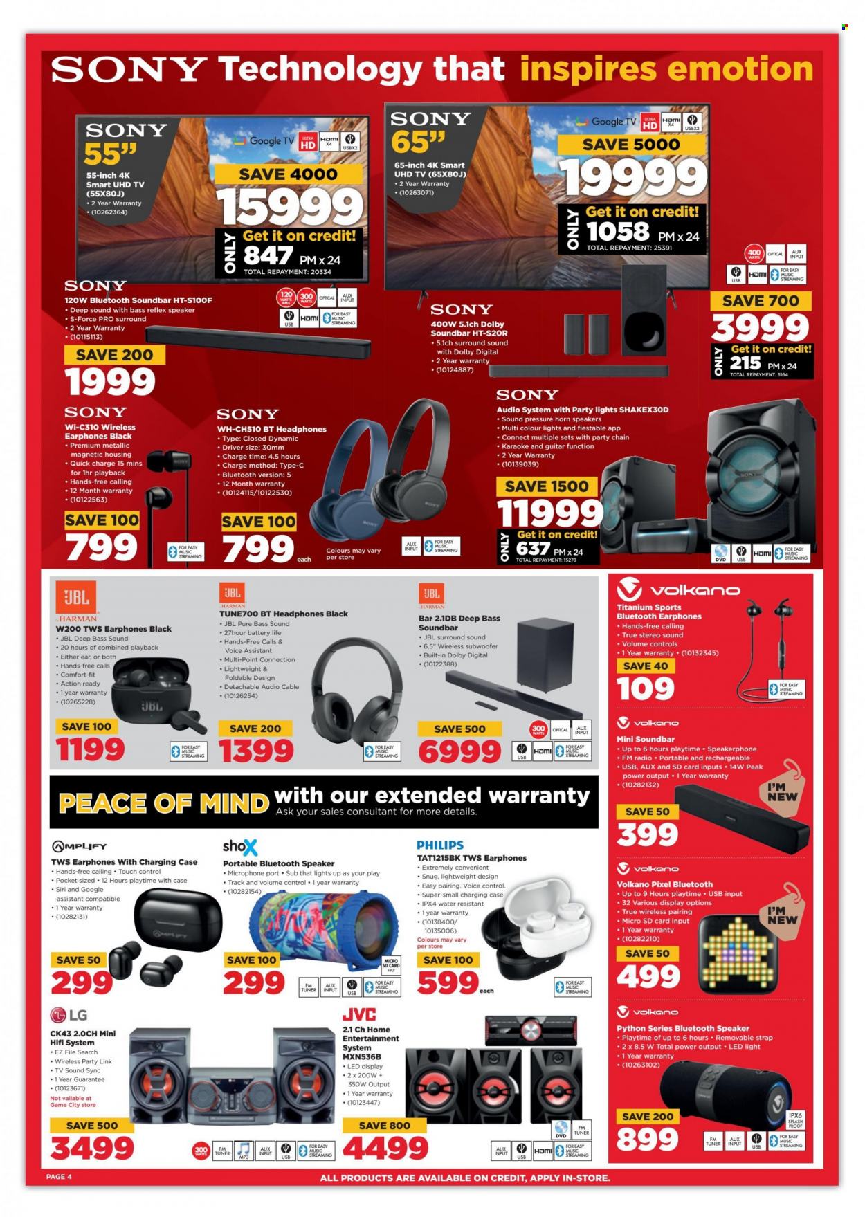 HiFiCorp catalogue  - 20/07/2022 - 25/07/2022 - Sales products - Philips, LG, Sony, memory card, JVC, UHD TV, TV, radio, speaker, subwoofer, wireless subwoofer, JBL, bluetooth speaker, sound bar, microphone, headphones, Volkano. Page 4.