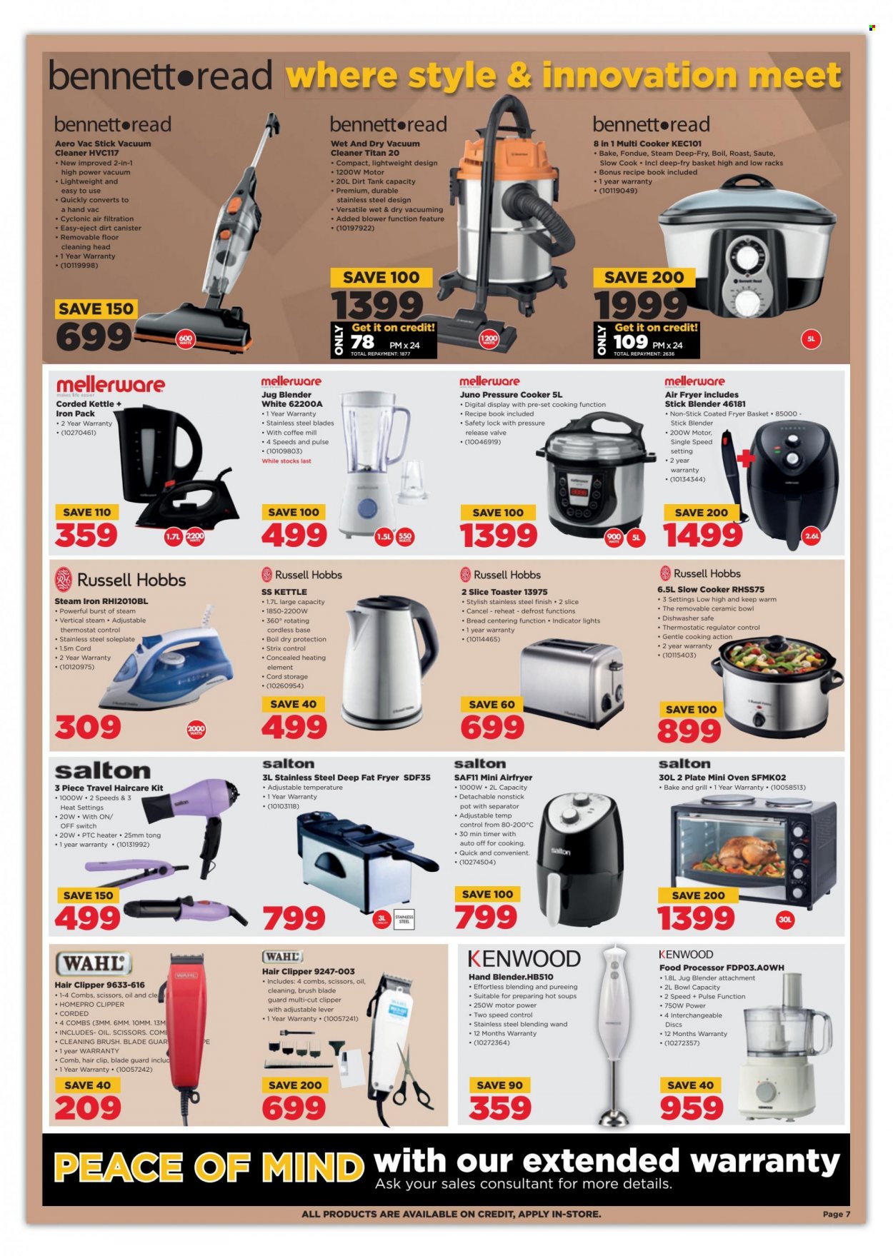 HiFiCorp catalogue  - 20/07/2022 - 25/07/2022 - Sales products - oven, vacuum cleaner, Bennett Read, deep fryer, multifunction cooker, slow cooker, pressure cooker, air fryer, Kenwood, Russell Hobbs, food processor, hand blender, toaster, kettle, iron, steam iron, hair clipper, heater. Page 7.