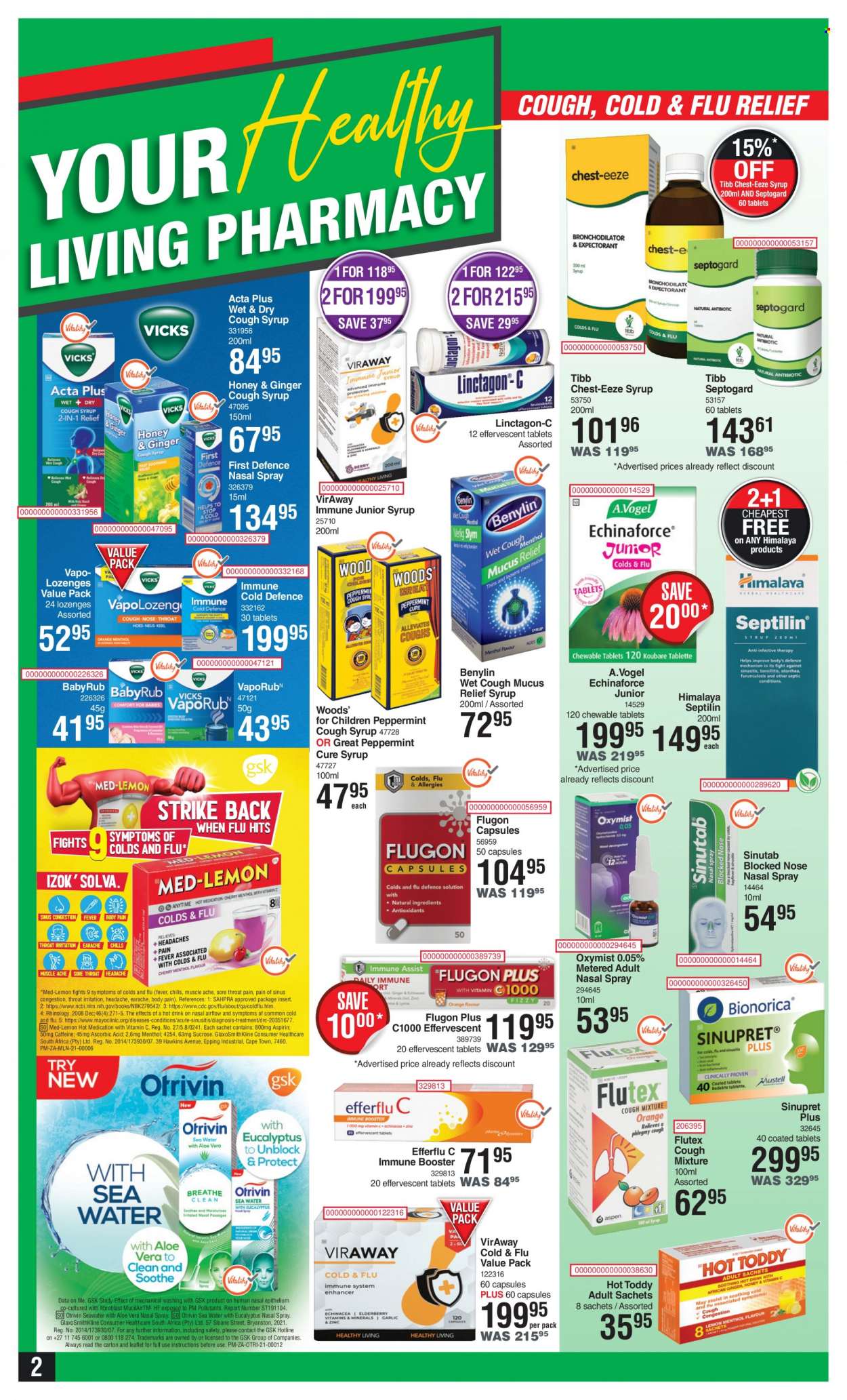 thumbnail - Dis-Chem catalogue  - 21/07/2022 - 14/08/2022 - Sales products - Cold & Flu, syrup, Echinaforce, aspirin, Benylin, nasal spray. Page 2.