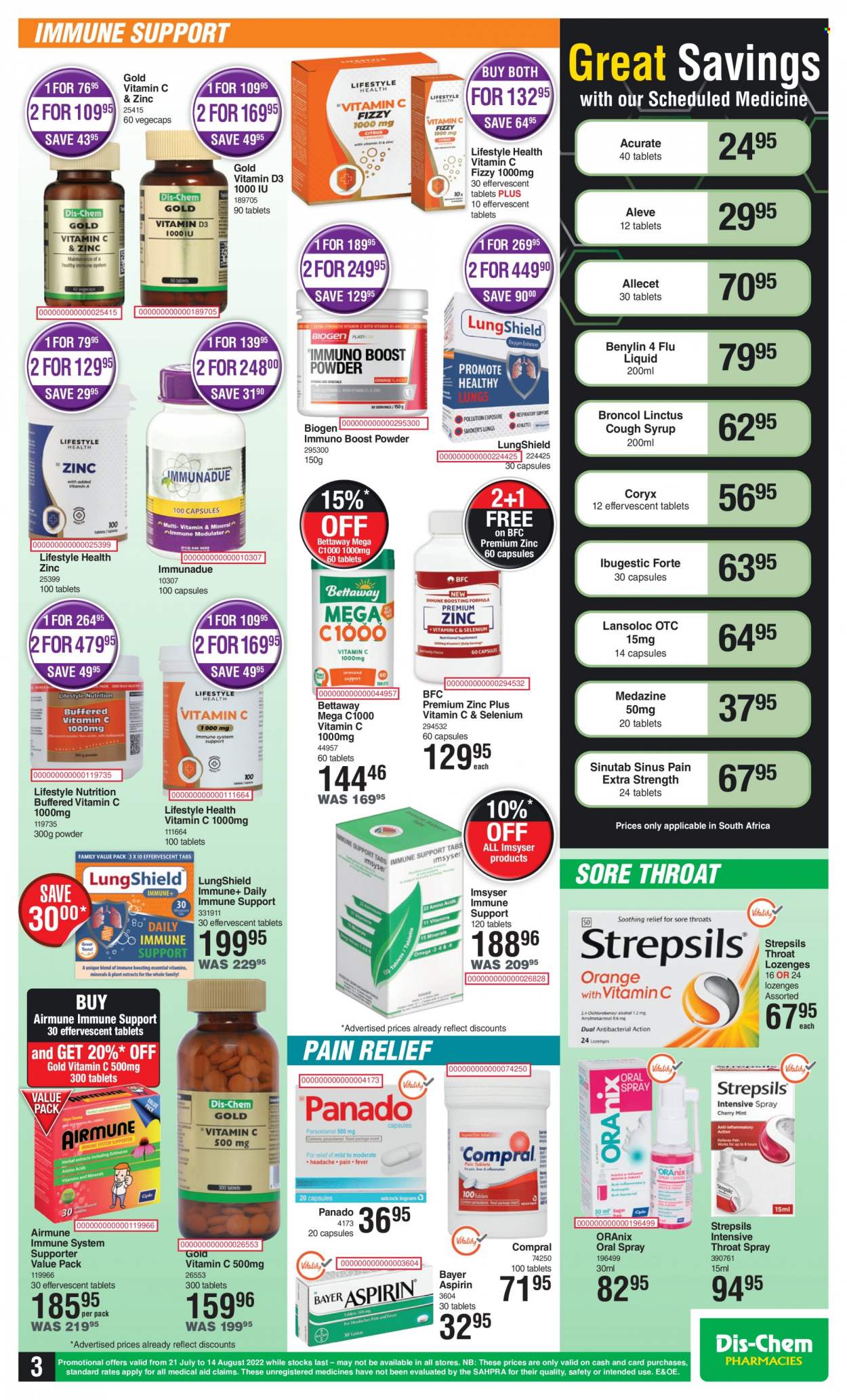thumbnail - Dis-Chem catalogue  - 21/07/2022 - 14/08/2022 - Sales products - Aleve, vitamin c, pain relief, syrup, zinc, Strepsils, Panado, Bettaway, vitamin D3, aspirin, Bayer, Benylin. Page 3.