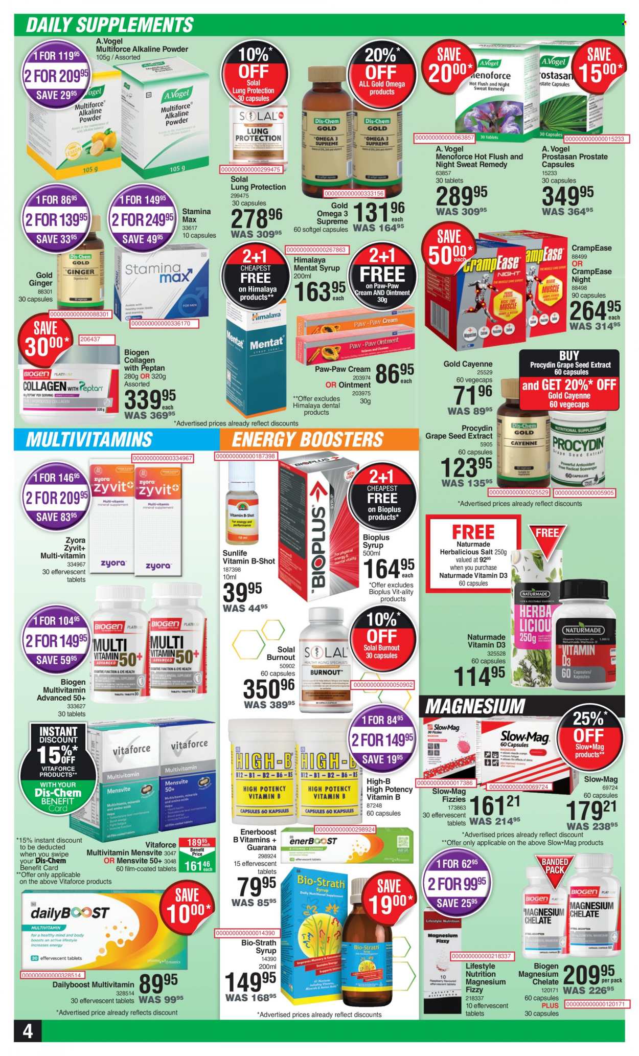 thumbnail - Dis-Chem catalogue  - 21/07/2022 - 14/08/2022 - Sales products - ointment, magnesium, multivitamin, Omega-3, syrup, Bio-Strath, Zyora, vitamin D3. Page 4.