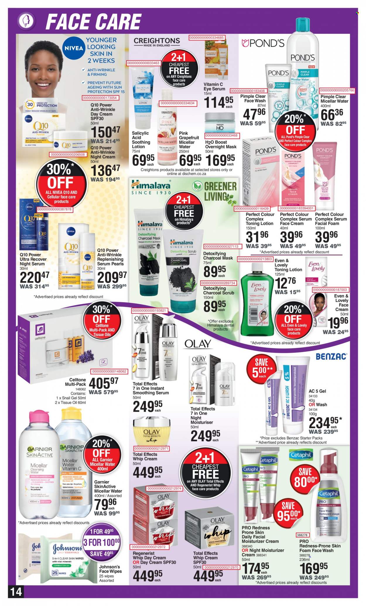thumbnail - Dis-Chem catalogue  - 21/07/2022 - 14/08/2022 - Sales products - wipes, Johnson's, Nivea, tissues, face gel, POND'S, facial foam, day cream, Garnier, micellar water, moisturizer, serum, night cream, Olay, face cream, face wash, body lotion, vitamin c. Page 14.