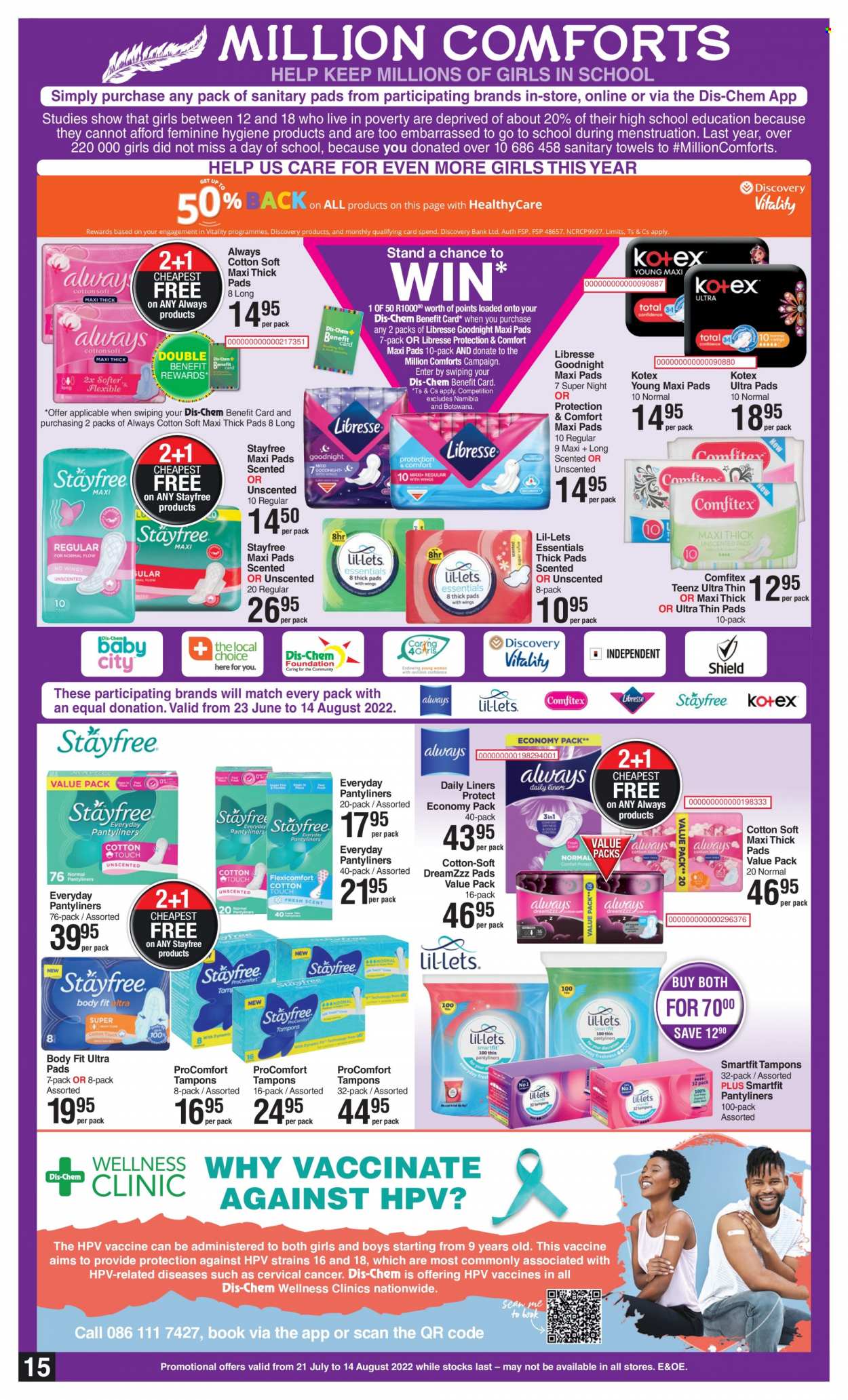 thumbnail - Dis-Chem catalogue  - 21/07/2022 - 14/08/2022 - Sales products - Stayfree, sanitary pads, Kotex, pantyliners, Lil-lets, tampons. Page 15.