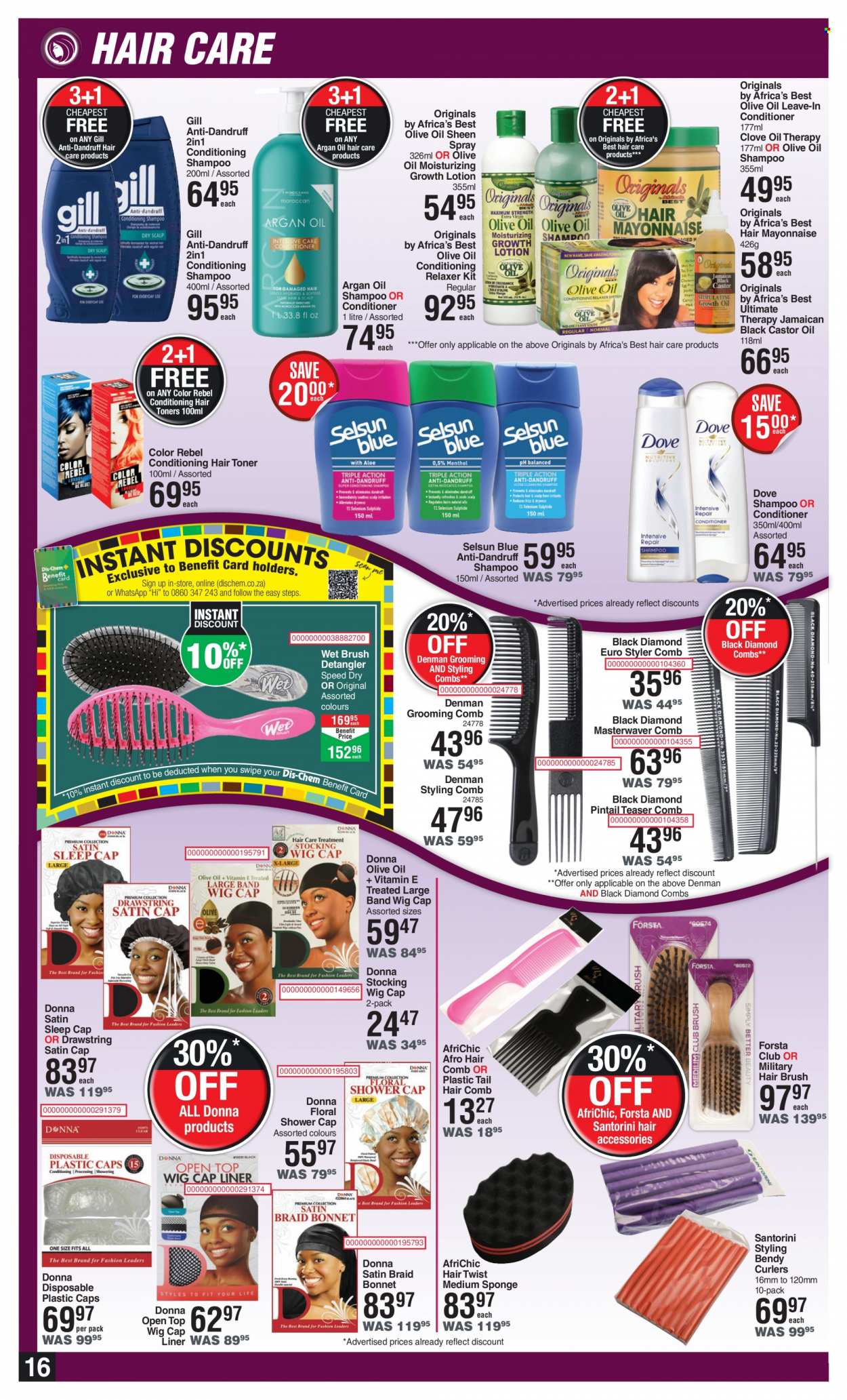 thumbnail - Dis-Chem catalogue  - 21/07/2022 - 14/08/2022 - Sales products - Dove, shampoo, toner, conditioner, comb, hair brush, relaxer, body lotion, argan oil. Page 16.