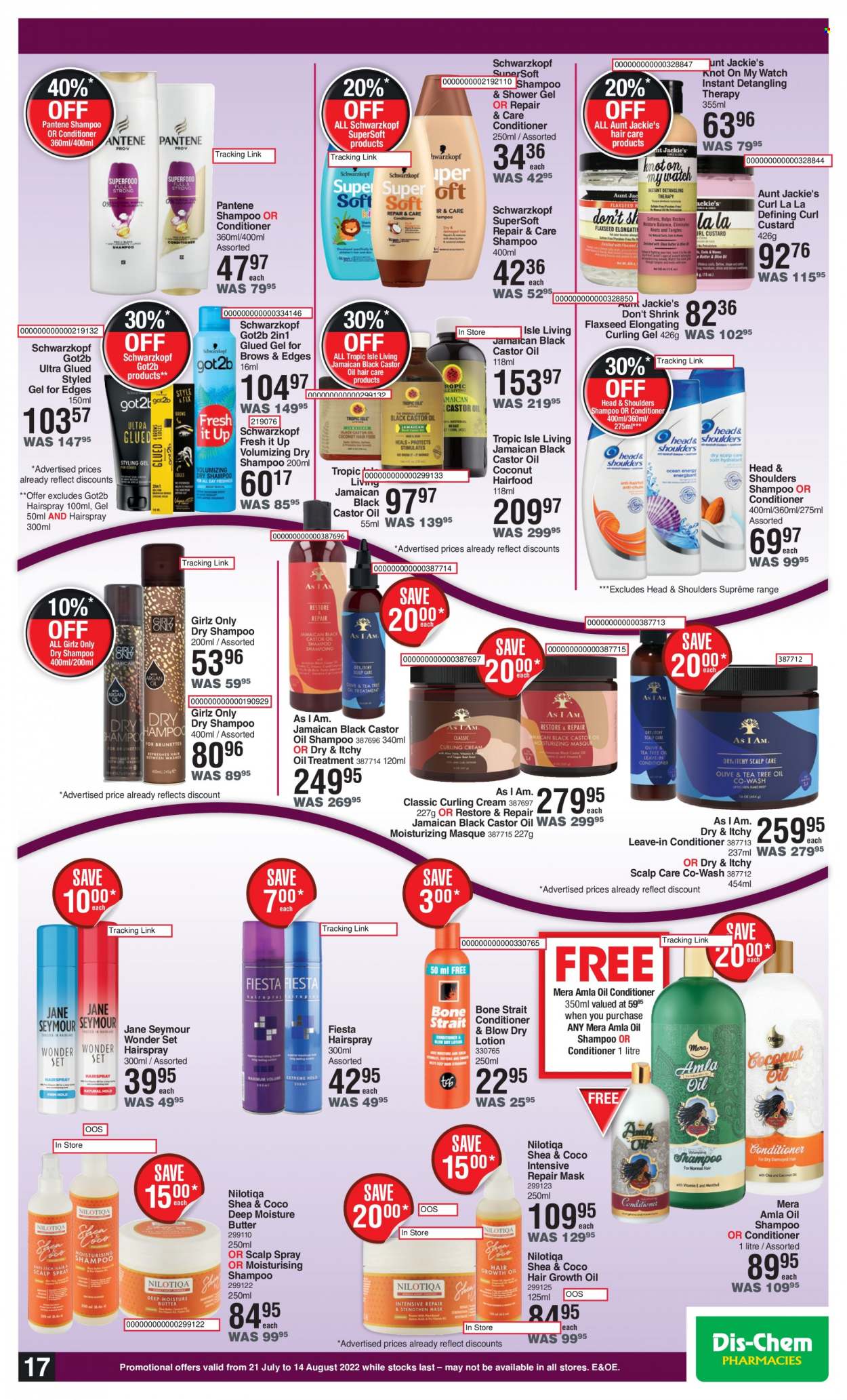 thumbnail - Dis-Chem catalogue  - 21/07/2022 - 14/08/2022 - Sales products - shampoo, shower gel, Schwarzkopf, conditioner, Head & Shoulders, Pantene, Aunt Jackie's, body lotion. Page 17.