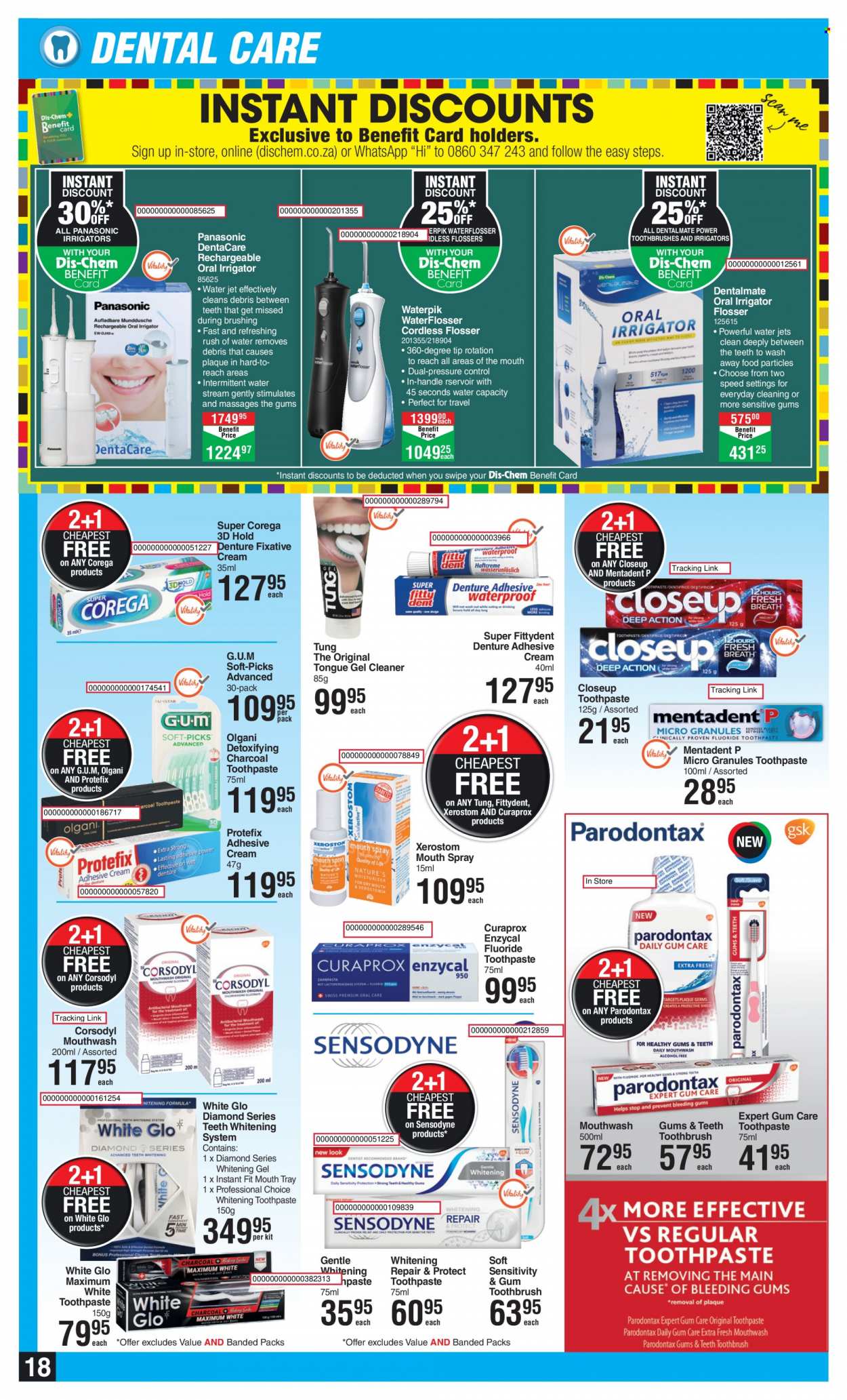 thumbnail - Dis-Chem catalogue  - 21/07/2022 - 14/08/2022 - Sales products - Panasonic, cleaner, Jet, toothbrush, toothpaste, Sensodyne, mouthwash, Corsodyl, Corega, Mentadent, Olgani, Closeup. Page 18.