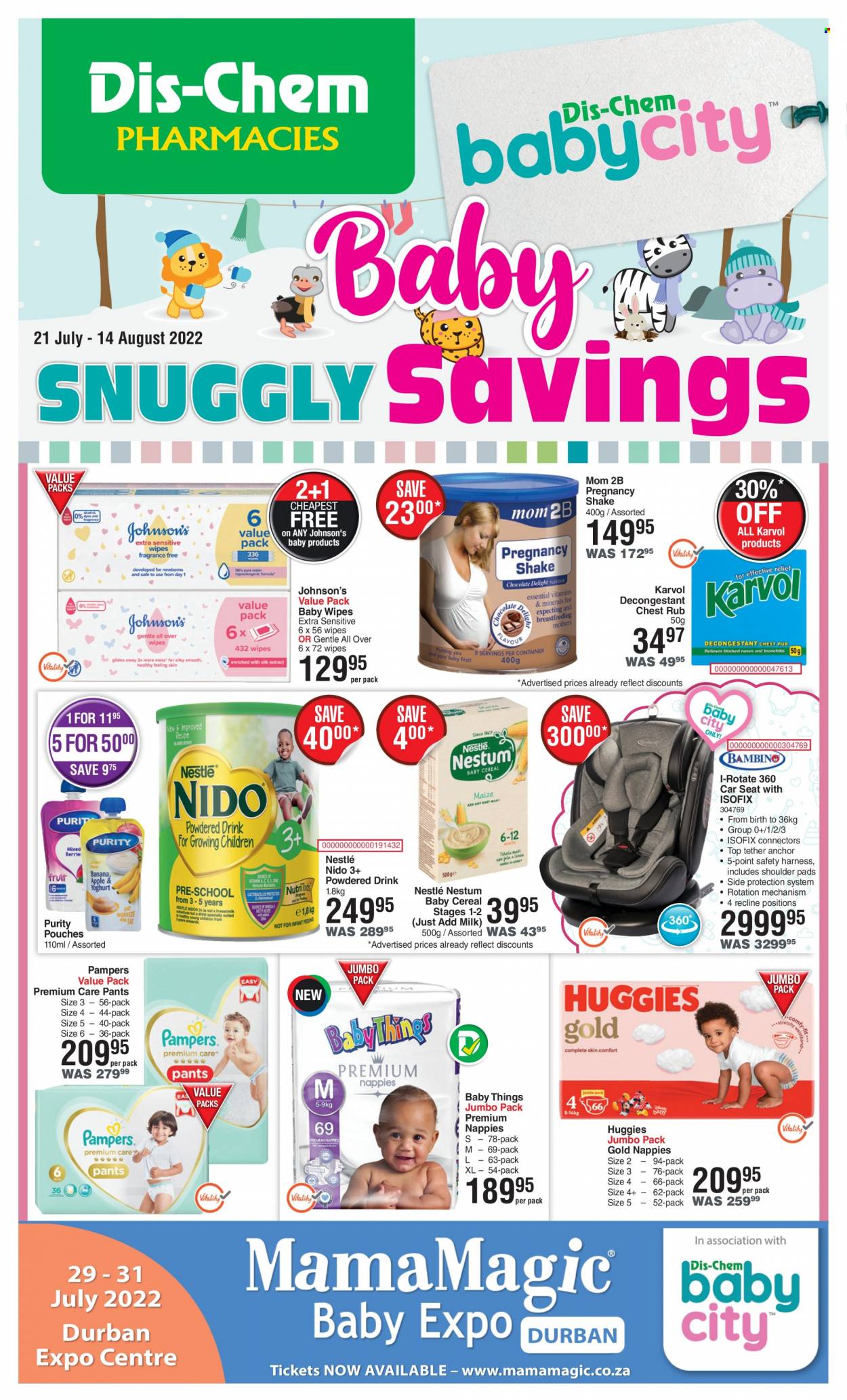Dis-Chem catalogue  - 21/07/2022 - 14/08/2022 - Sales products - wipes, Huggies, Pampers, pants, baby wipes, nappies, Johnson's, Nestlé. Page 1.