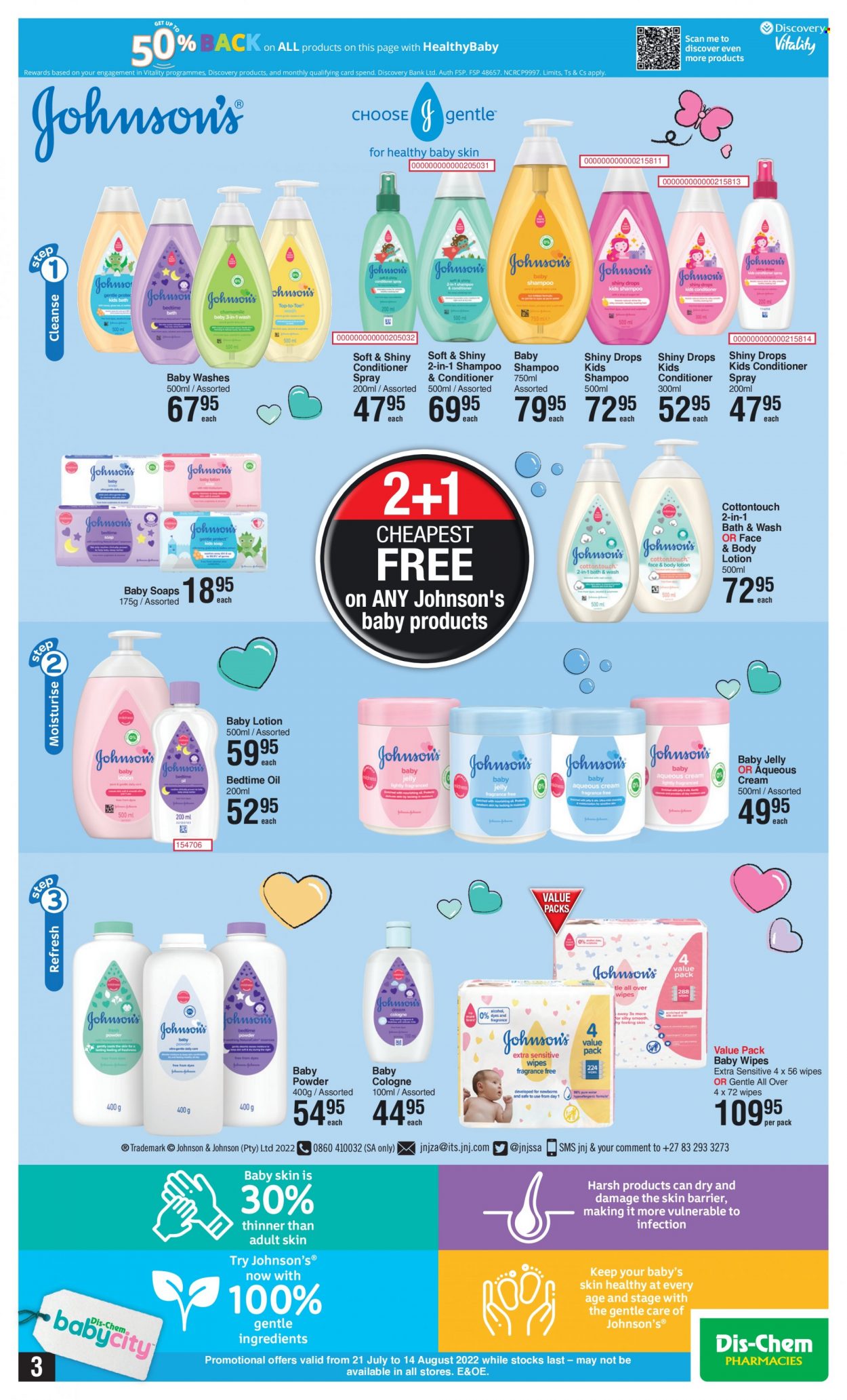 thumbnail - Dis-Chem catalogue  - 21/07/2022 - 14/08/2022 - Sales products - wipes, baby wipes, Johnson's, baby powder, shampoo, conditioner, body lotion, cologne. Page 3.