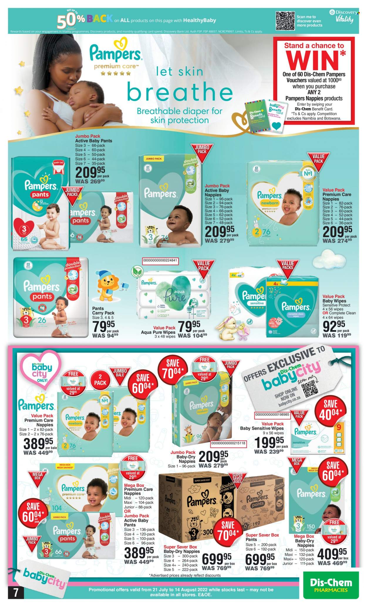 thumbnail - Dis-Chem catalogue  - 21/07/2022 - 14/08/2022 - Sales products - wipes, Pampers, pants, baby wipes, nappies, baby pants. Page 7.