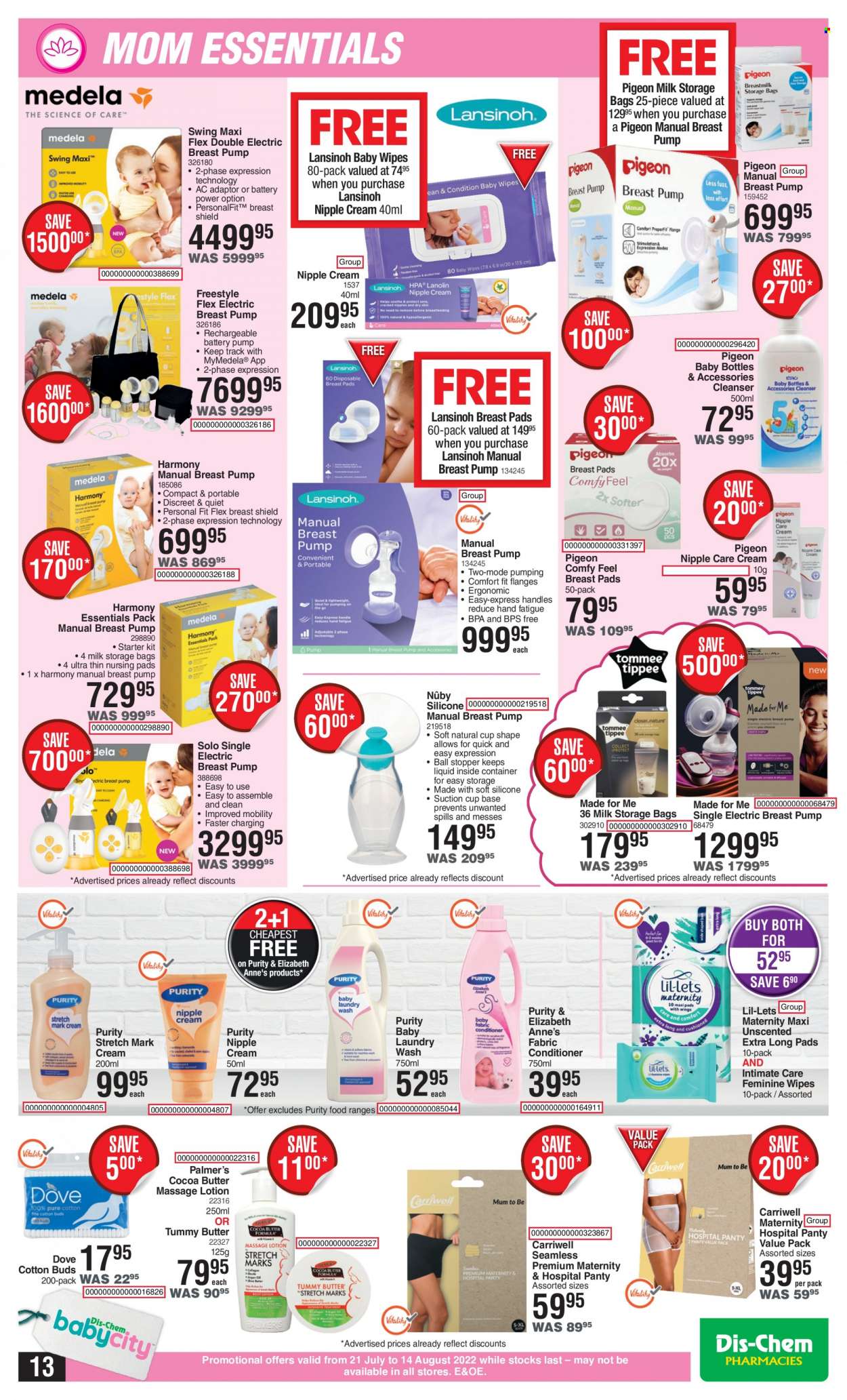 thumbnail - Dis-Chem catalogue  - 21/07/2022 - 14/08/2022 - Sales products - wipes, baby wipes, Dove, breast pads, Lil-lets, cleanser, body lotion, bag. Page 13.