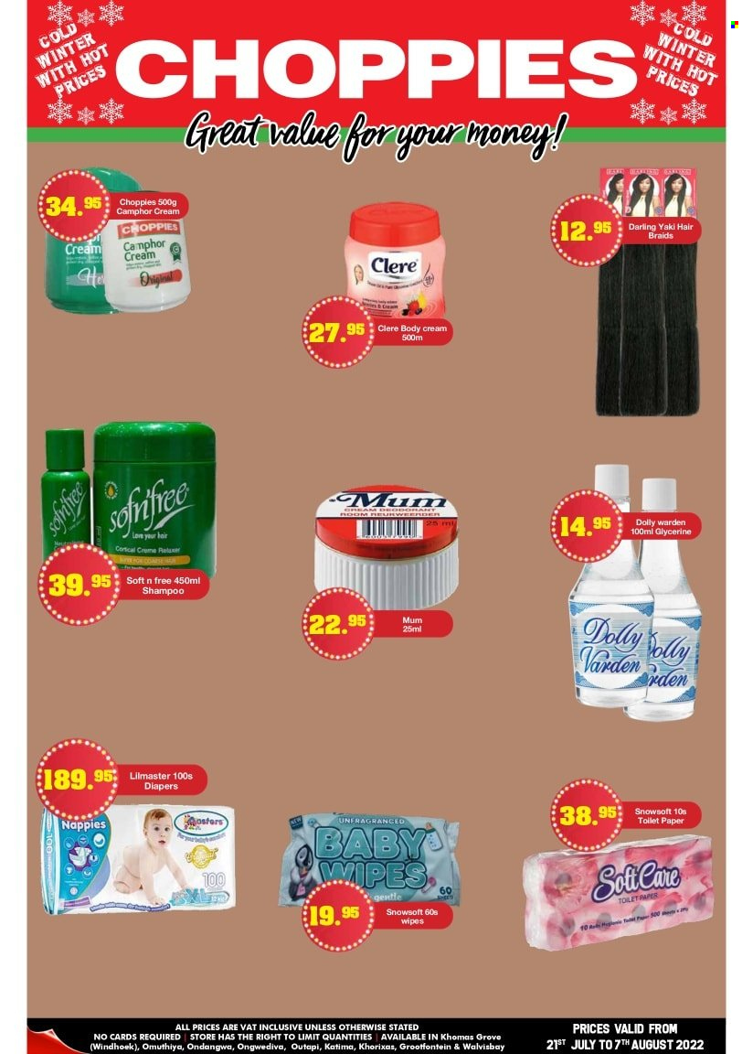 Choppies catalogue  - 21/07/2022 - 07/08/2022 - Sales products - wipes, baby wipes, nappies, toilet paper, shampoo, relaxer, Clere, Mum. Page 3.