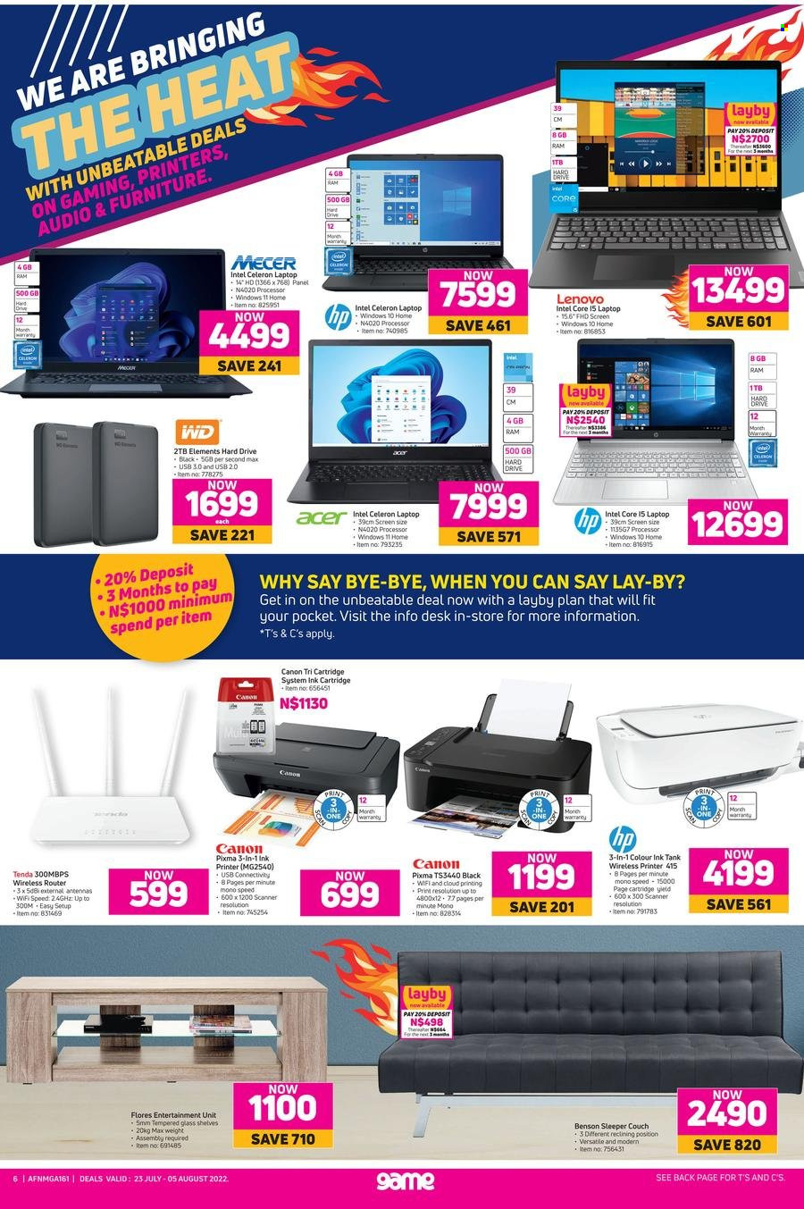 Game catalogue  - 23/07/2022 - 05/08/2022 - Sales products - Acer, laptop, Lenovo, Hewlett Packard, Canon, ink printer, printer, scanner, cartridge, sofa bed, couch, tank. Page 6.