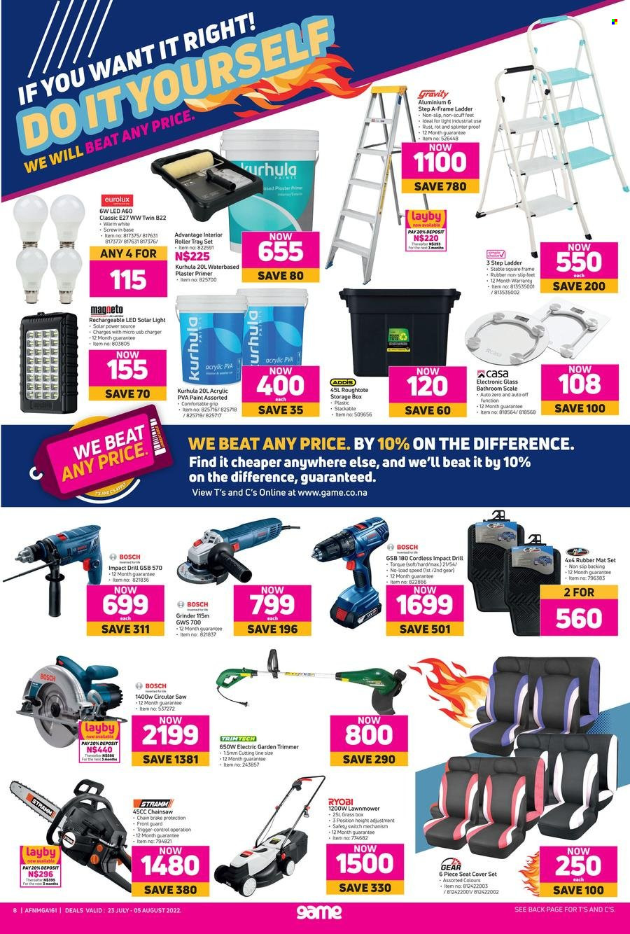 Game catalogue  - 23/07/2022 - 05/08/2022 - Sales products - USB charger, scale, storage box, quilt cover set, Bosch, grinder, drill, Ryobi, chain saw, circular saw, saw, lawn mower, grass trimmer, plaster primer. Page 8.