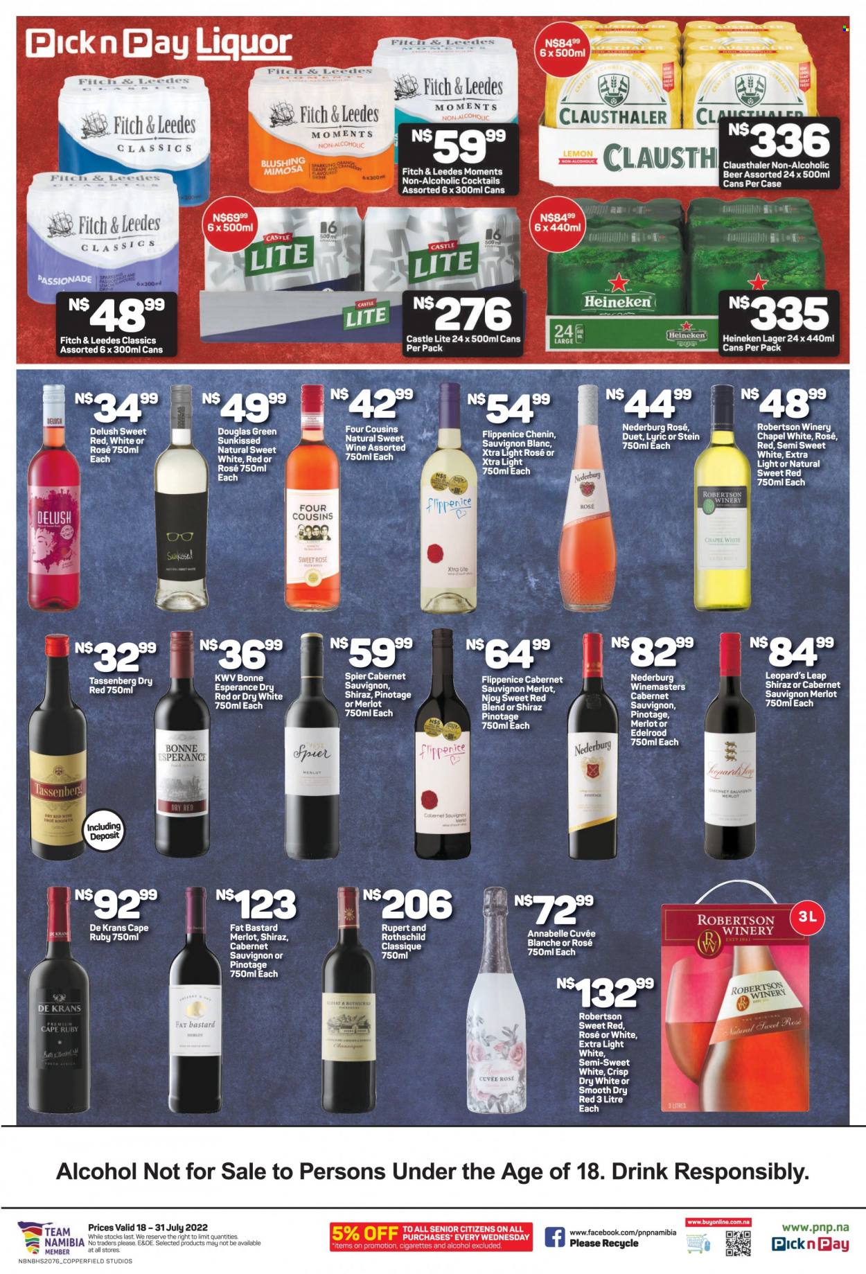 Pick n Pay catalogue  - 18/07/2022 - 31/07/2022 - Sales products - Cabernet Sauvignon, red wine, white wine, wine, Merlot, Nederburg, Cuvée, alcohol, KWV, Shiraz, Sauvignon Blanc, rosé wine, liquor, beer, Heineken, Castle, Lager, Omo, XTRA, Moments. Page 2.