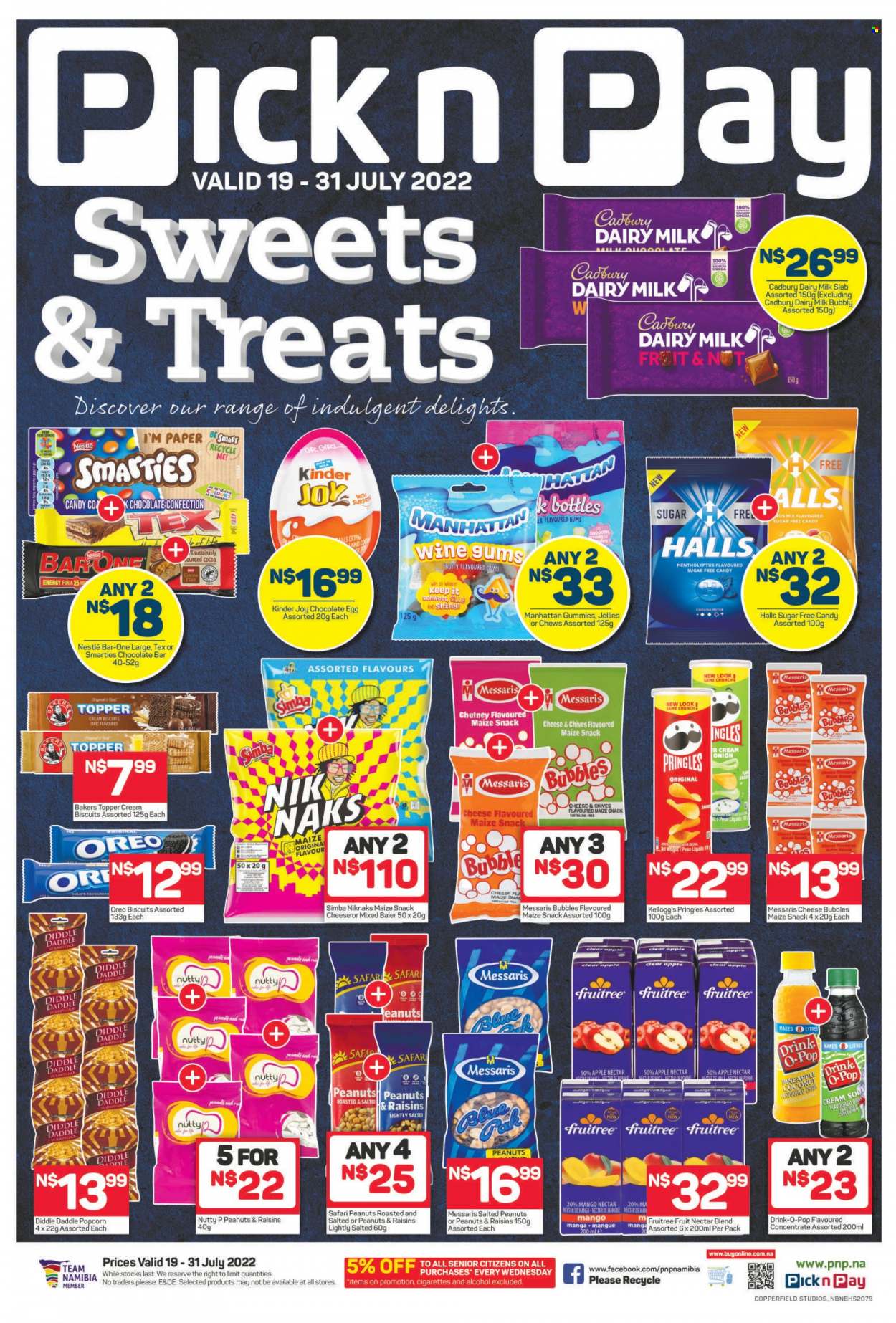 Pick n Pay catalogue  - 19/07/2022 - 31/07/2022 - Sales products - onion, chives, pineapple, coconut, Oreo, eggs, Nestlé, Halls, snack, Kinder Joy, Smarties, chewing gum, Kellogg's, biscuit, Cadbury, Dairy Milk, chocolate bar, Pringles, maize snack, Simba, popcorn, Nik Naks, peanuts, dried fruit, fruit nectar, alcohol, Bakers. Page 1.