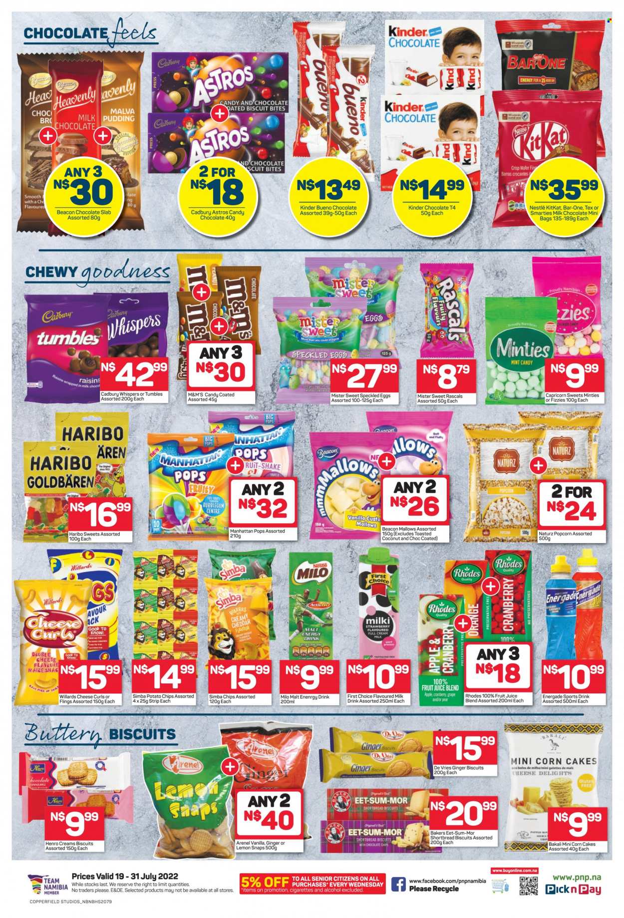 Pick n Pay catalogue  - 19/07/2022 - 31/07/2022 - Sales products - corn, pears, oranges, cheese, pudding, flavoured milk, Milo, shake, eggs, marshmallows, milk chocolate, Nestlé, wafers, Haribo, KitKat, jelly, bubblegum, tumbles, M&M's, Smarties, Kinder Bueno, biscuit, Cadbury, potato chips, Simba, popcorn, raisins, dried fruit, energy drink, fruit juice, juice, alcohol, Bakers. Page 2.