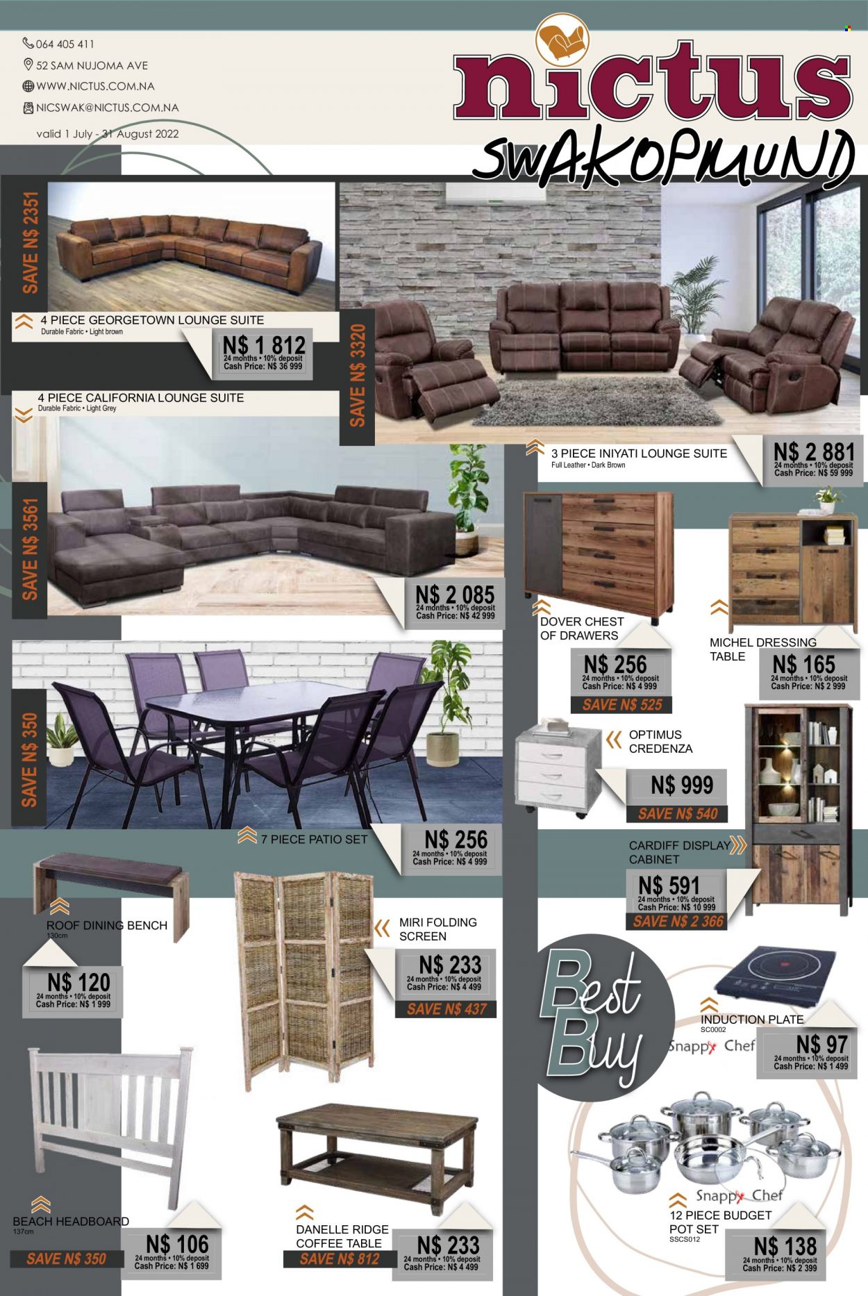 Nictus catalogue  - 01/07/2022 - 31/08/2022 - Sales products - cabinet, table, dining bench, bench, lounge suite, lounge, coffee table, chest of drawers, headboard, dressing table. Page 1.