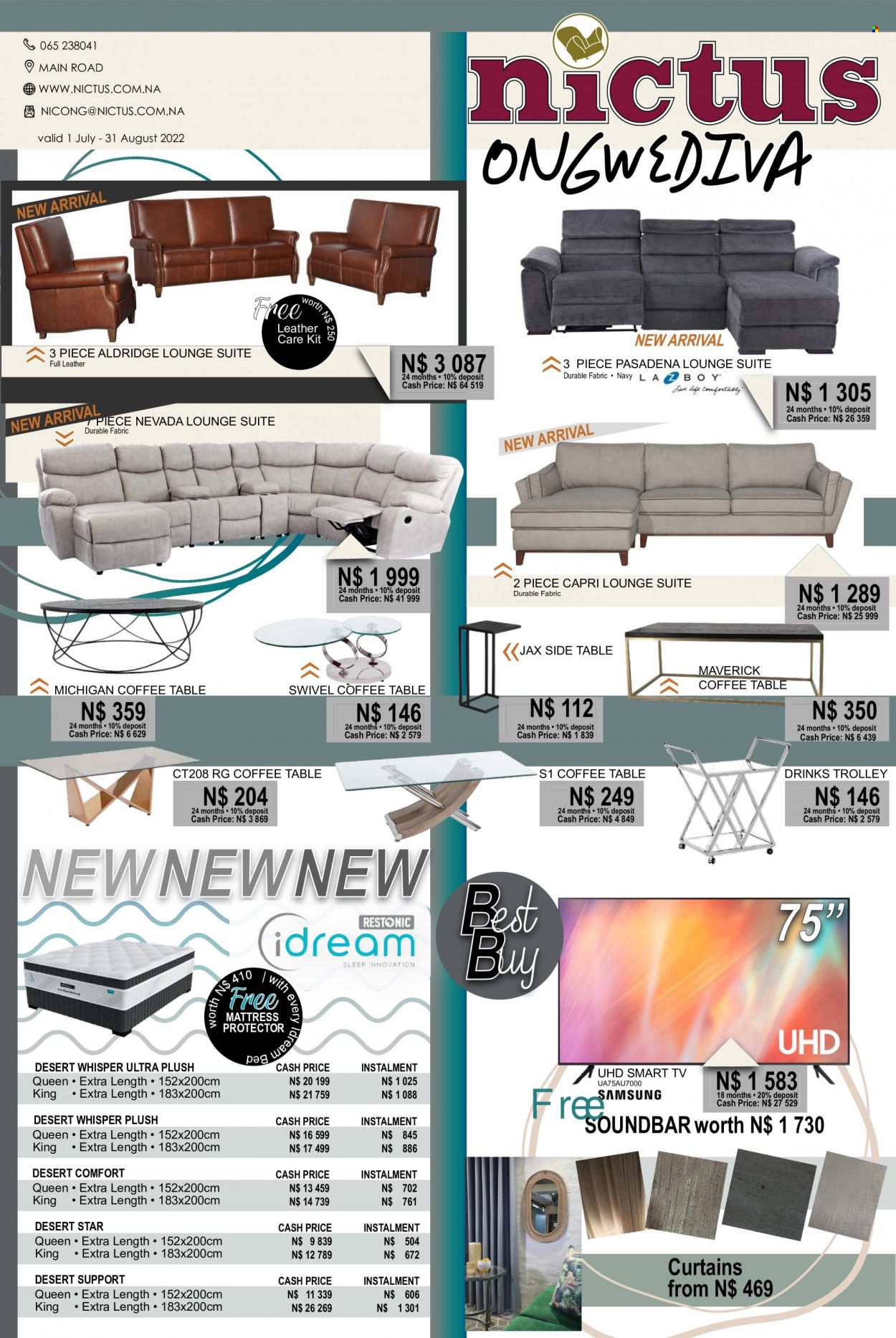 Nictus catalogue  - 01/07/2022 - 31/08/2022 - Sales products - table, lounge suite, lounge, coffee table, sidetable, bed, mattress, mattress protector, curtains, smart tv, UHD TV, TV. Page 1.