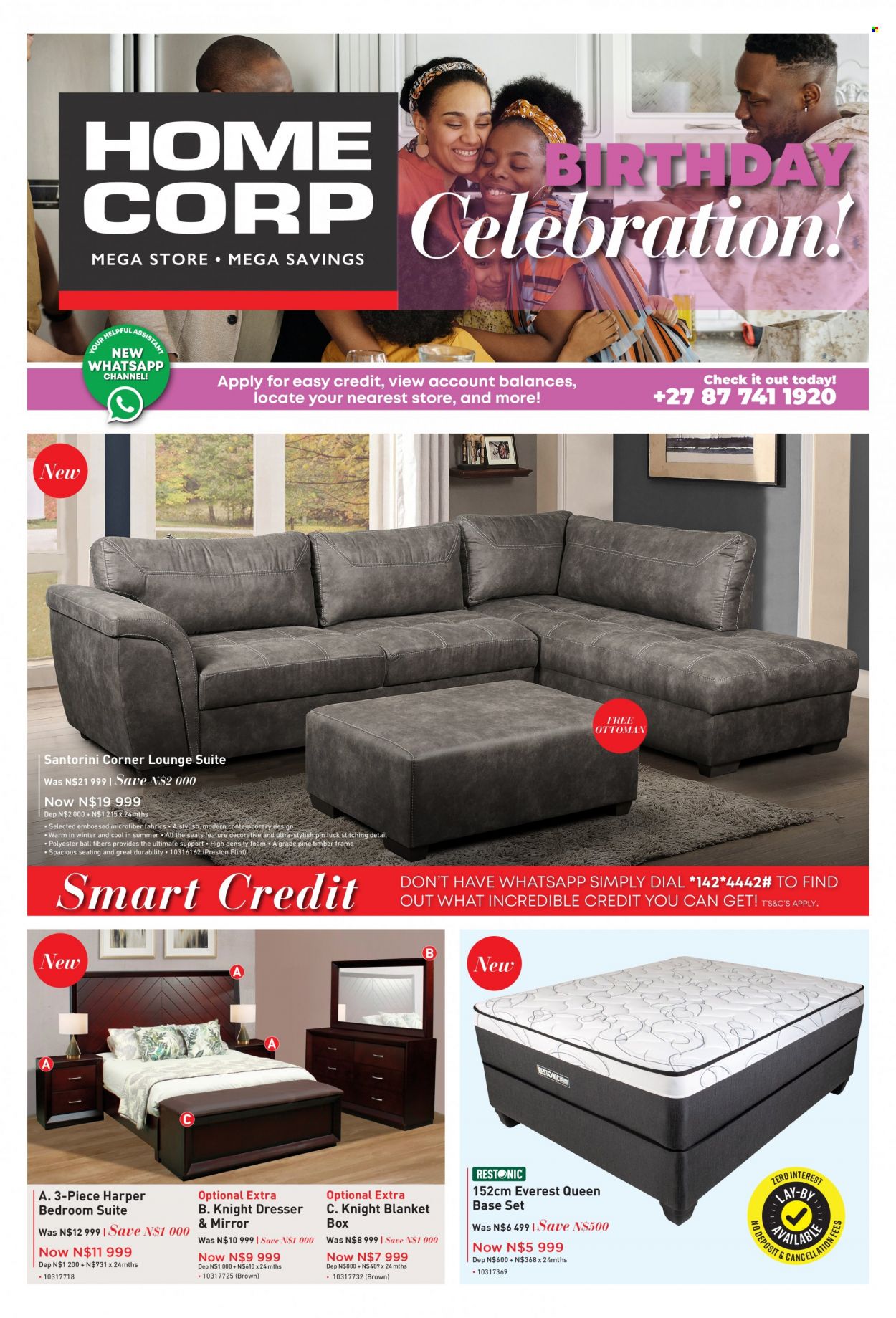 HomeCorp catalogue  - 01/08/2022 - 31/08/2022 - Sales products - lounge suite, lounge, ottoman, bedroom suite, base set, blanket box, dresser, mirror, blanket. Page 1.