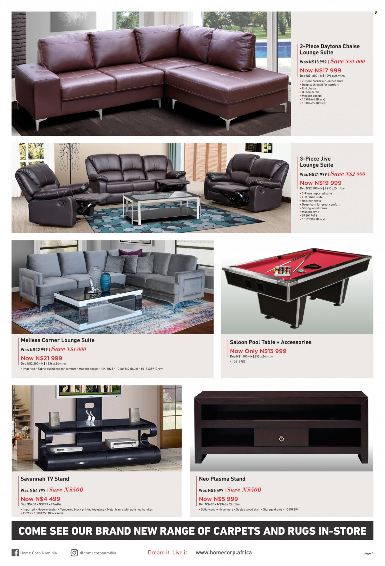 HomeCorp catalogue  - 01/08/2022 - 31/08/2022 - Sales products - table, recliner chair, lounge suite, lounge, TV stand, metal frame. Page 5.