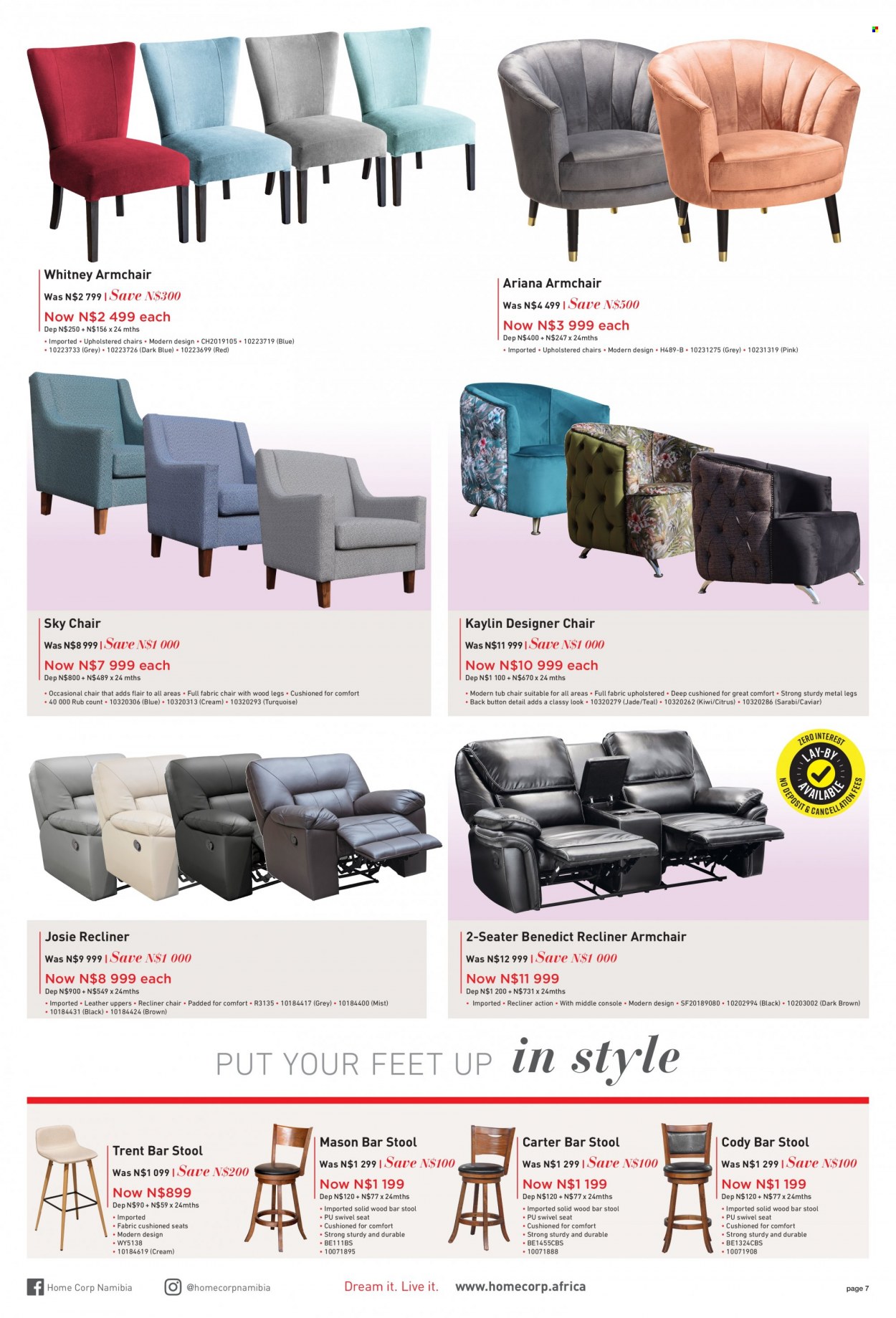 HomeCorp catalogue  - 01/08/2022 - 31/08/2022 - Sales products - stool, chair, bar stool, arm chair, recliner chair. Page 7.