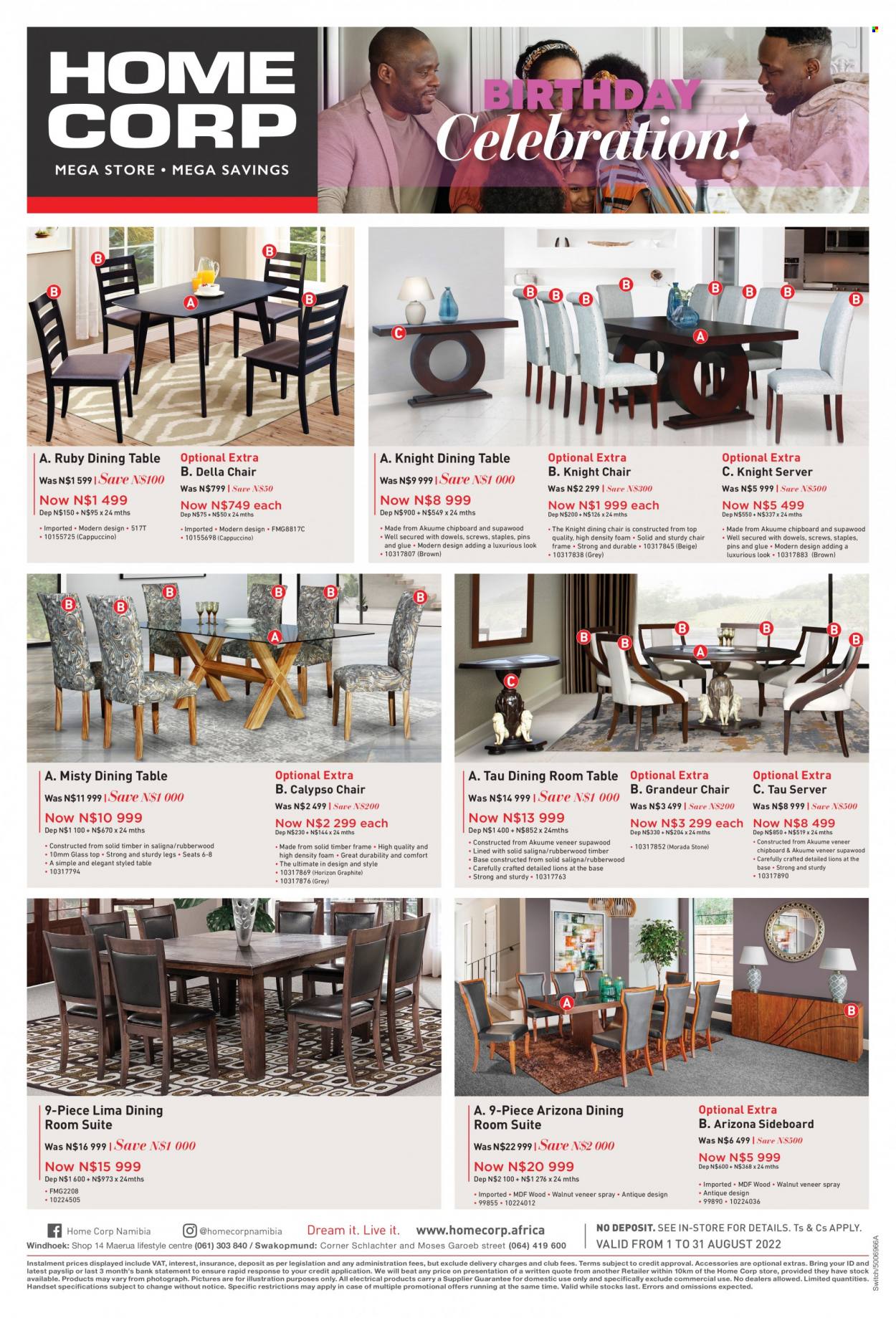 HomeCorp catalogue  - 01/08/2022 - 31/08/2022 - Sales products - dining table, table, dining room suite, chair, dining chair, sideboard, chair pad. Page 8.