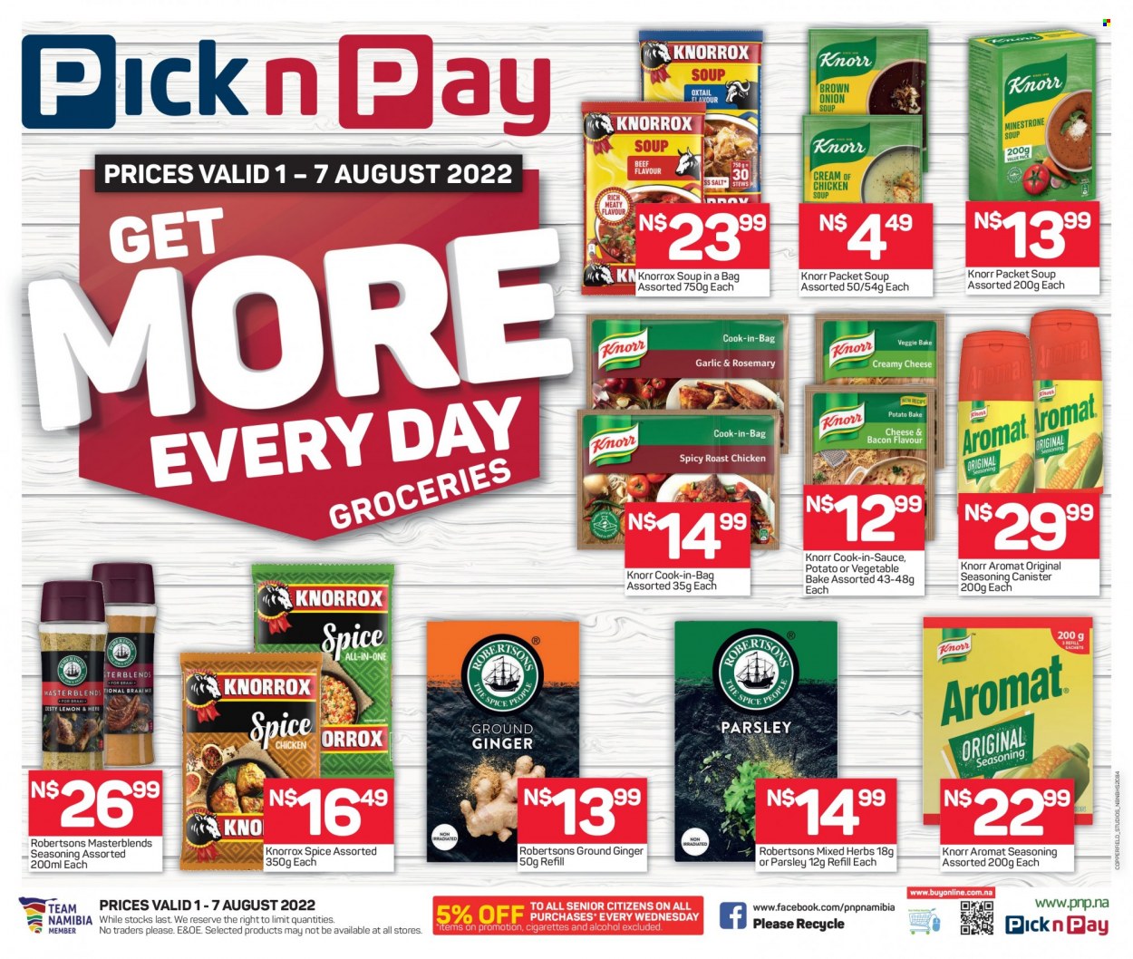 Pick n Pay catalogue  - 01/08/2022 - 07/08/2022 - Sales products - ginger, parsley, soup, Knorr, Knorrox, ground ginger, spice, herbs, alcohol. Page 1.