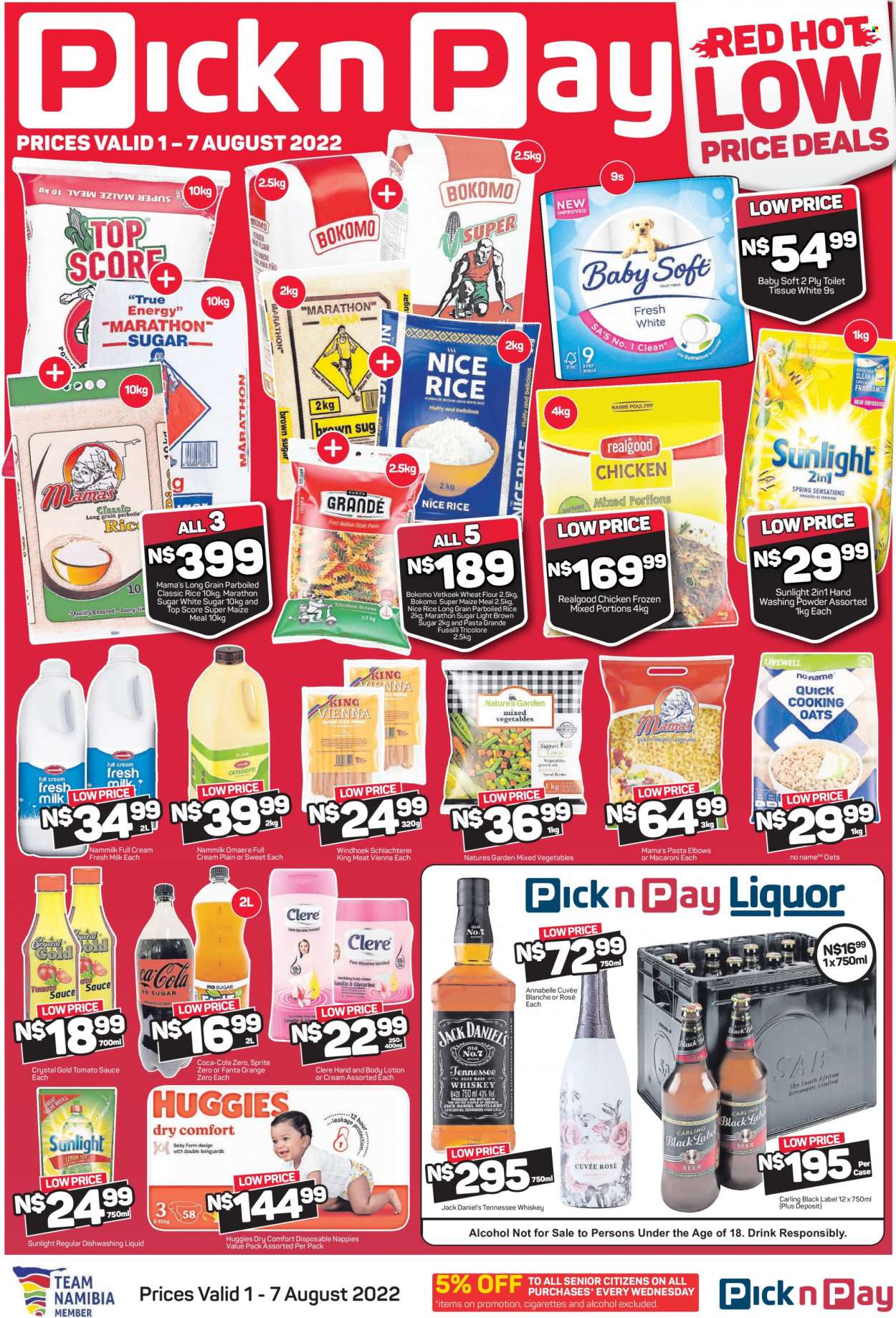 Pick n Pay catalogue  - 01/08/2022 - 07/08/2022 - Sales products - orange, Jack Daniel's, macaroni, sauce, Mama's, milk, mixed vegetables, Natures Garden, cane sugar, flour, wheat flour, oats, maize meal, tomato sauce, rice, parboiled rice, Pasta Grandé, Coca-Cola, Sprite, Fanta, Coca-Cola zero, Cuvée, alcohol, rosé wine, Tennessee Whiskey, whiskey, whisky, Carling, Huggies, nappies, Baby Soft, laundry powder, Sunlight, dishwashing liquid, body lotion, Clere. Page 1.