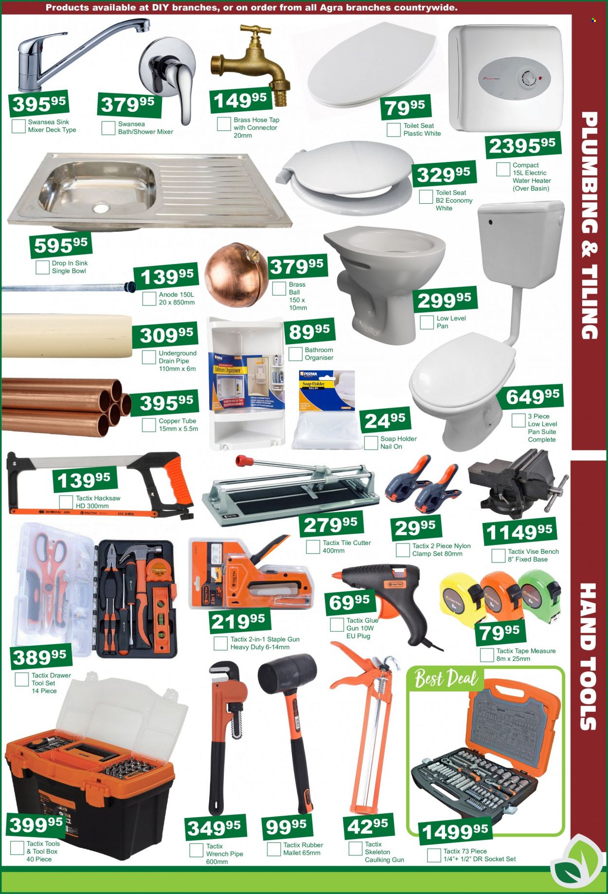 Agra catalogue  - 19/04/2022 - 17/05/2022 - Sales products - toilet seat, shower mixer, copper tube, eraser, glue, cutter, wrench, hacksaw, tool box, socket set, tool set, glue gun, hand tools, measuring tape, clamp set, gun. Page 9.