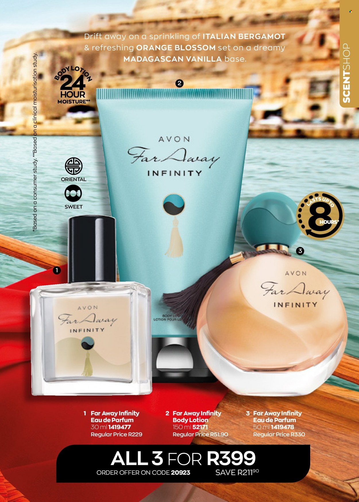 thumbnail - Avon catalogue  - 01/08/2022 - 31/08/2022 - Sales products - Avon, Infinity, body lotion, eau de parfum, far away. Page 21.