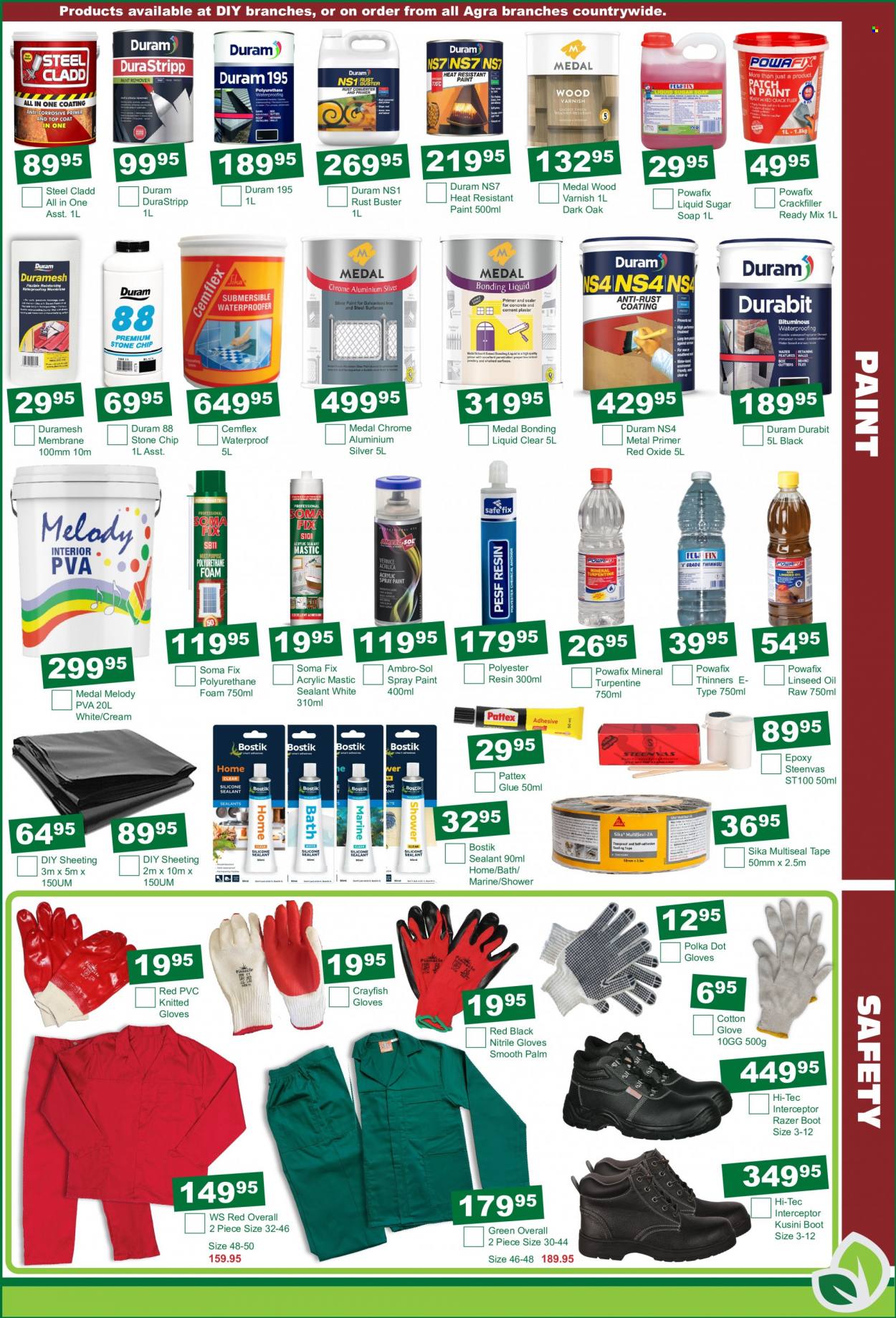 Agra catalogue  - 19/04/2022 - 17/05/2022 - Sales products - HI-TEC, glue, gloves, adhesive, sheeting, spray paint, top coat, paint, oil, Duram, Medal. Page 11.