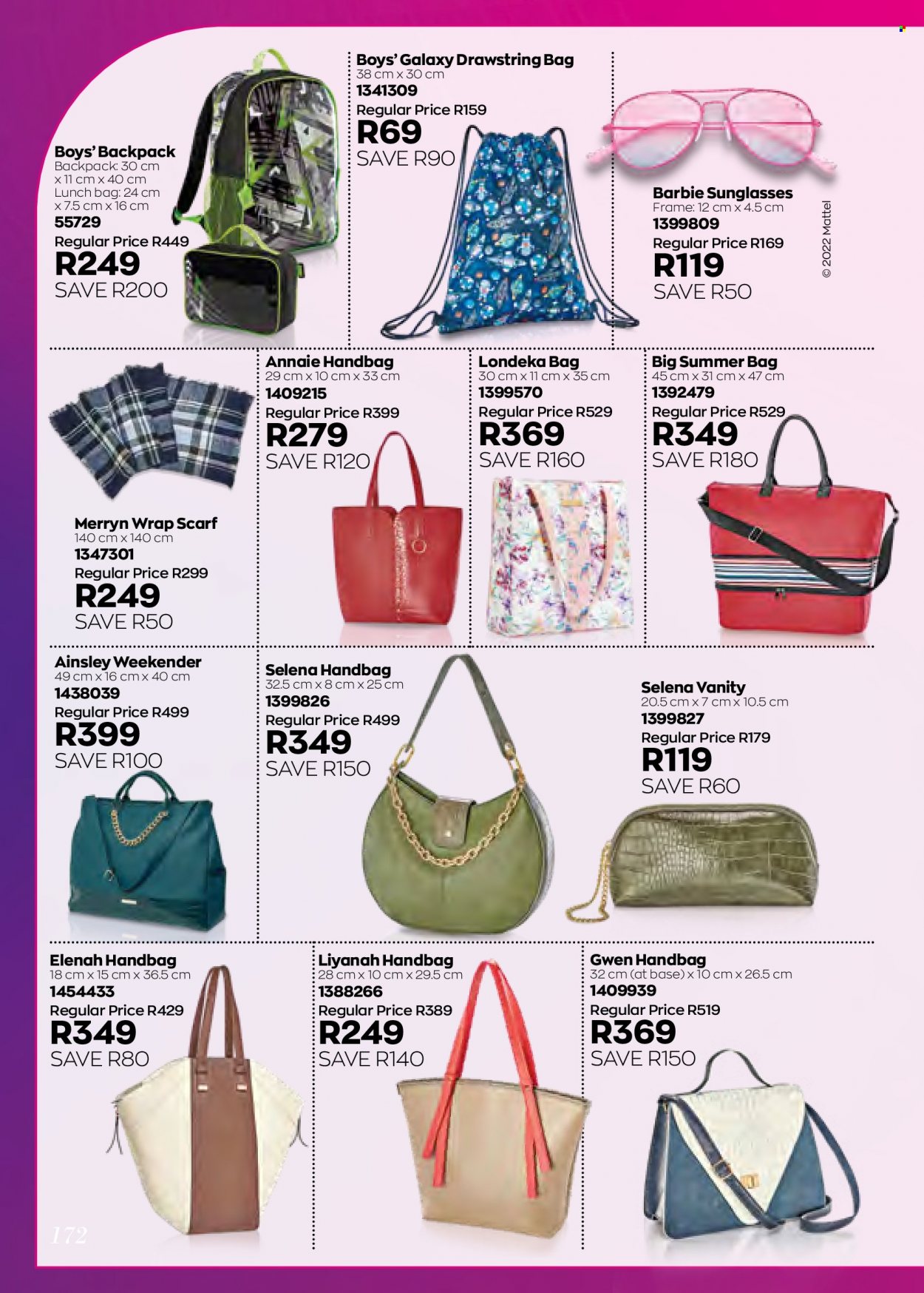 Avon catalogue  - 01/05/2022 - 31/05/2022 - Sales products - backpack, Barbie, handbag, drawstring bag, sunglasses. Page 174.
