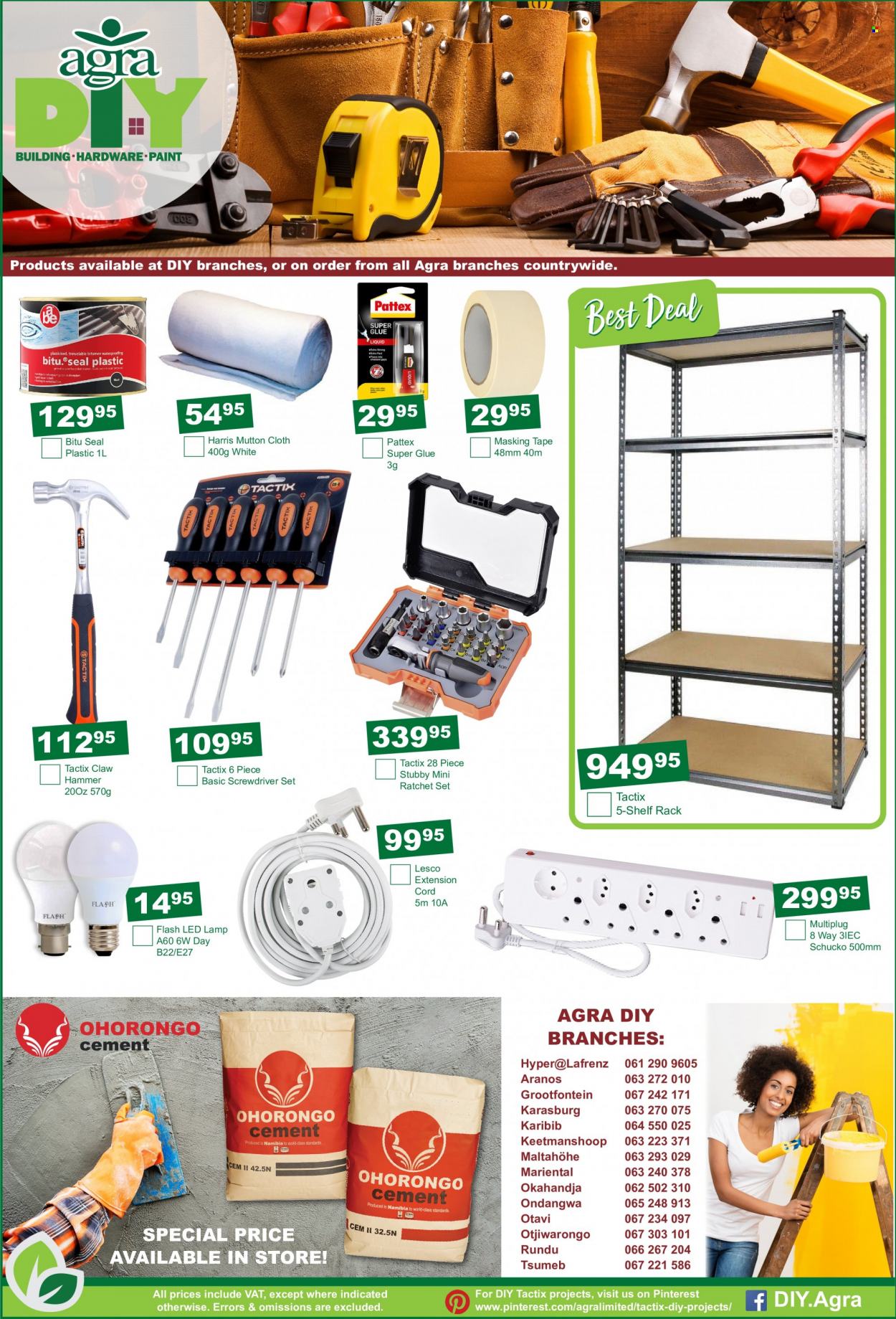 Agra catalogue  - 19/04/2022 - 17/05/2022 - Sales products - glue, masking tape, paint, lamp, multiplug, screwdriver, hammer, claw hammer, screwdriver set, extension cord. Page 12.