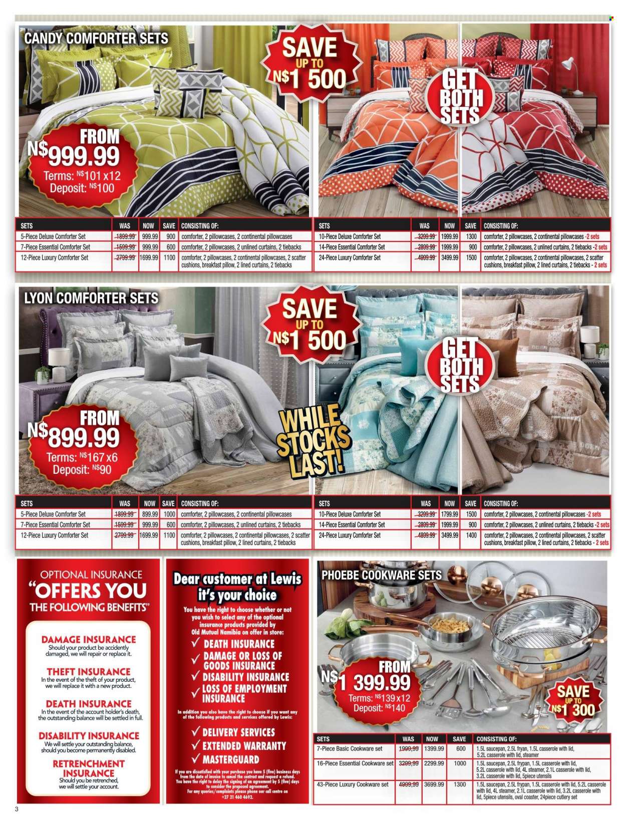 Lewis catalogue  - 01/06/2022 - 31/08/2022 - Sales products - cushion, cookware set, utensils, casserole, cutlery set, saucepan, frypan, comforter, pillow, pillowcases, curtains. Page 3.