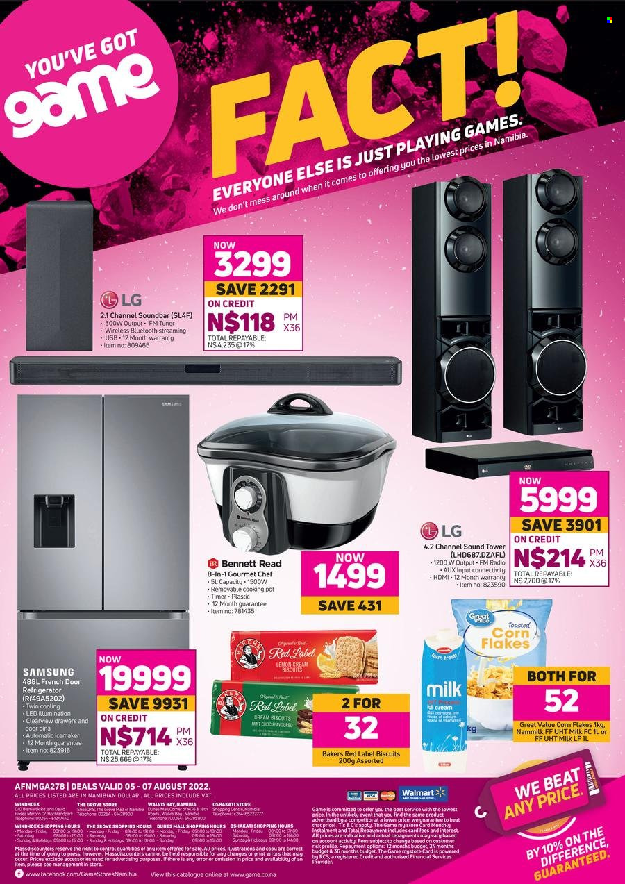 Game catalogue  - 05/08/2022 - 07/08/2022 - Sales products - milk, biscuit, corn flakes, pot, Bakers, LG, Samsung, radio, sound bar, sound tower, french door refrigerator, refrigerator, Bennett Read, Gourmet Chef. Page 1.