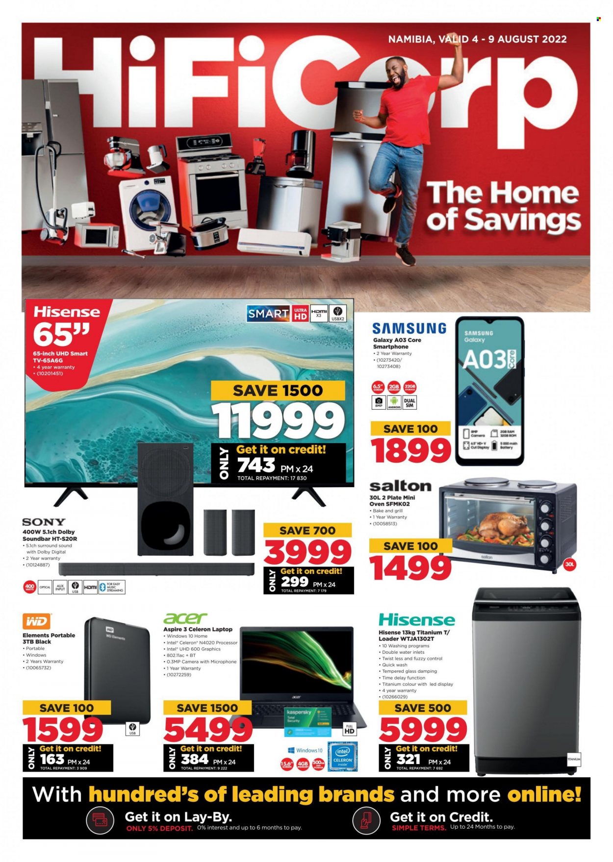 HiFiCorp catalogue  - 04/08/2022 - 09/08/2022 - Sales products - Intel, Acer, Samsung Galaxy, Sony, Samsung, Hisense, smartphone, laptop, WD, camera, smart tv, UHD TV, TV, sound bar, oven. Page 1.