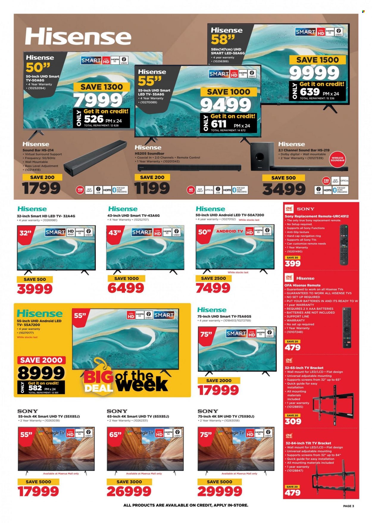 HiFiCorp catalogue  - 04/08/2022 - 09/08/2022 - Sales products - Sony, Hisense, Android TV, LED TV, smart tv, UHD TV, sound bar, remote control, tv bracket. Page 3.