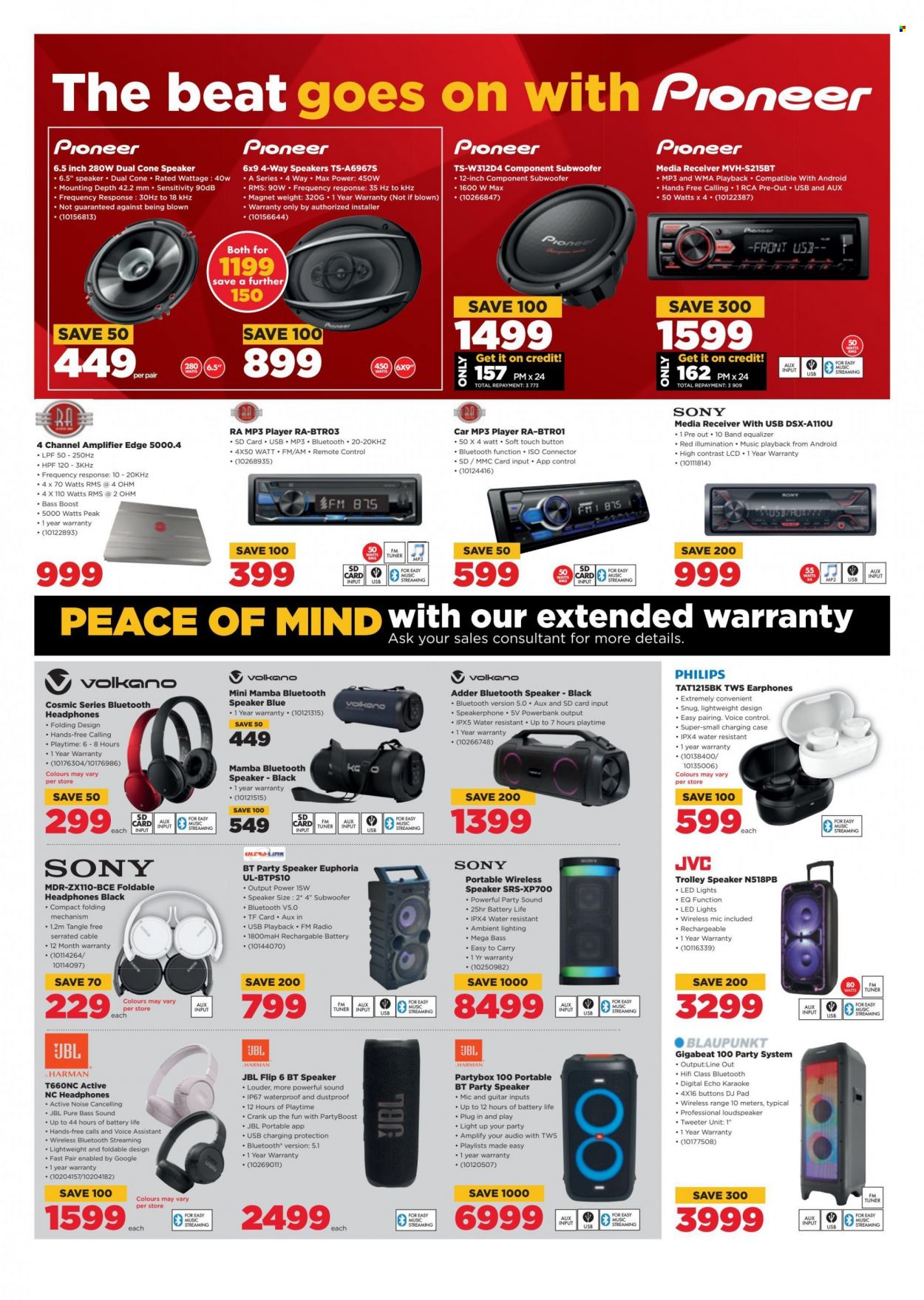 HiFiCorp catalogue  - 04/08/2022 - 09/08/2022 - Sales products - Philips, Sony, memory card, power bank, RCA, receiver, JVC, radio, Pioneer, media receiver, mp3 player, speaker, subwoofer, JBL, bluetooth speaker, trolley speaker, headphone, Volkano, remote control, amplifier. Page 4.