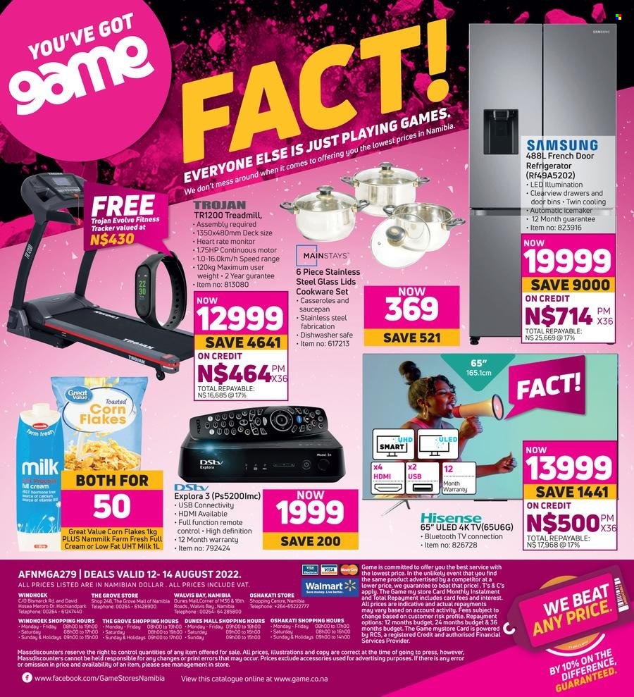 Game catalogue  - 12/08/2022 - 14/08/2022 - Sales products - milk, corn flakes, cookware set, saucepan, Samsung, Hisense, TV, remote control, french door refrigerator, refrigerator. Page 1.