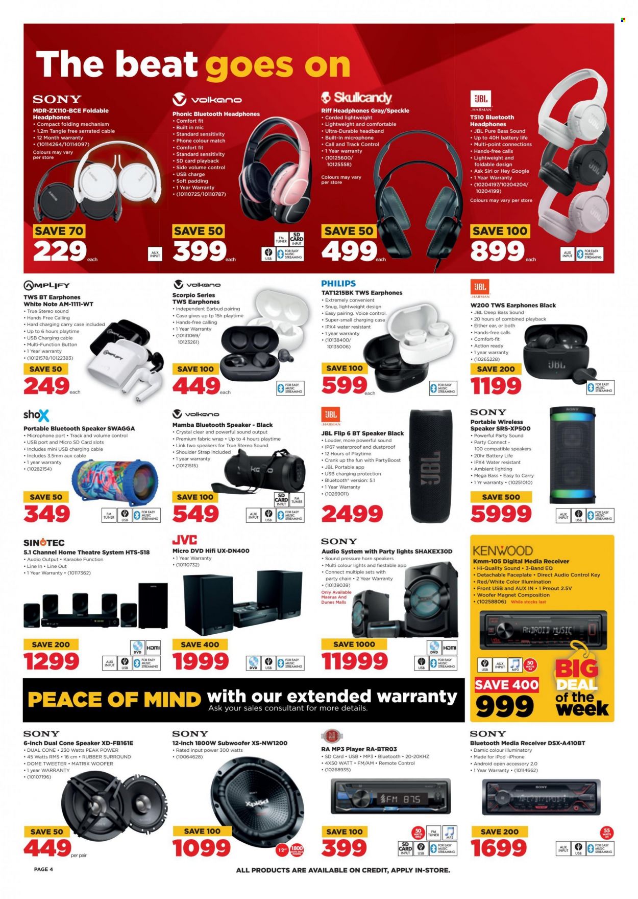 HiFiCorp catalogue  - 11/08/2022 - 21/08/2022 - Sales products - Philips, Sony, iPhone, phone, memory card, receiver, JVC, SINOTEC, media receiver, home theater, mp3 player, speaker, subwoofer, JBL, bluetooth speaker, Skullcandy, headphones, Volkano, remote control, Kenwood. Page 4.