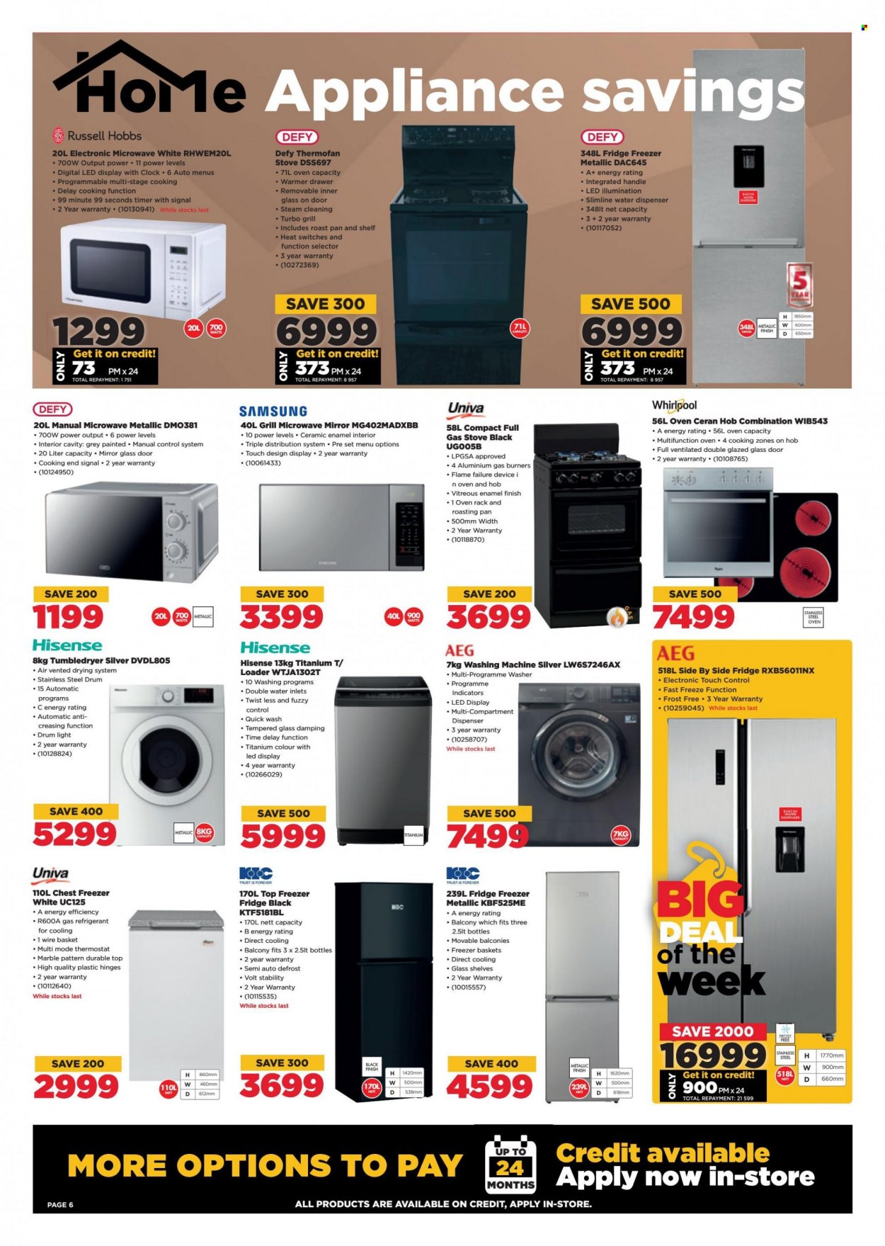 HiFiCorp catalogue  - 11/08/2022 - 21/08/2022 - Sales products - Samsung, Hisense, AEG, Whirlpool, freezer, chest freezer, refrigerator, fridge, oven, stove, gas stove, microwave oven, hob, washing machine, Russell Hobbs. Page 6.