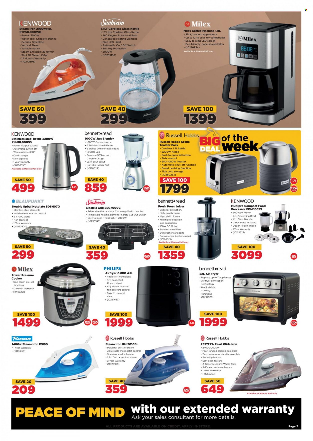 HiFiCorp catalogue  - 11/08/2022 - 21/08/2022 - Sales products - Philips, coffee machine, Sunbeam, Bennett Read, blender, pressure cooker, air fryer, Kenwood, Russell Hobbs, food processor, toaster, kettle, juicer, iron, steam iron. Page 7.
