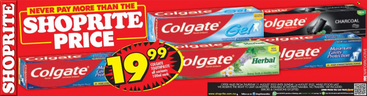 Shoprite catalogue  - 11/08/2022 - 14/08/2022 - Sales products - Colgate, toothpaste. Page 1.