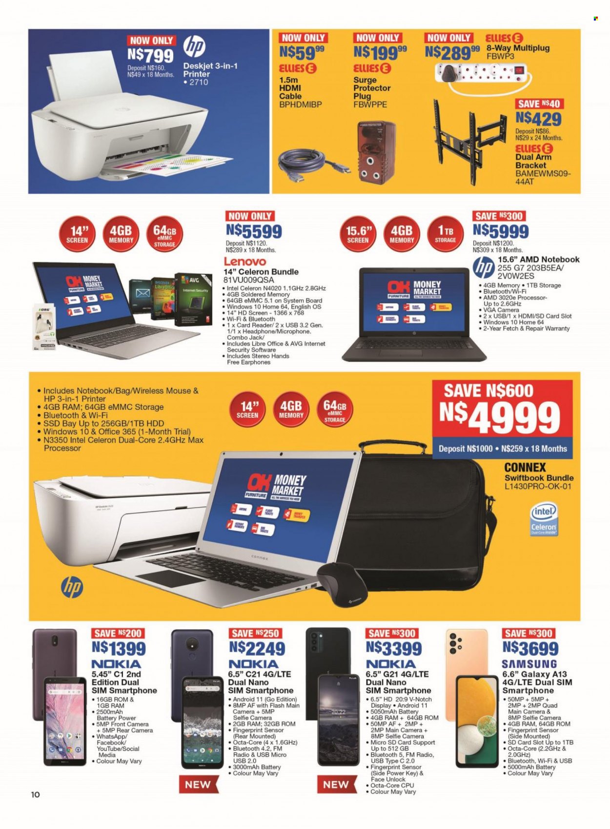 OK Furniture catalogue  - 15/08/2022 - 04/09/2022 - Sales products - Lenovo, Samsung, Nokia, smartphone, memory card, radio, microphone, Hewlett Packard, headphones, AVG, HDMI cable. Page 10.