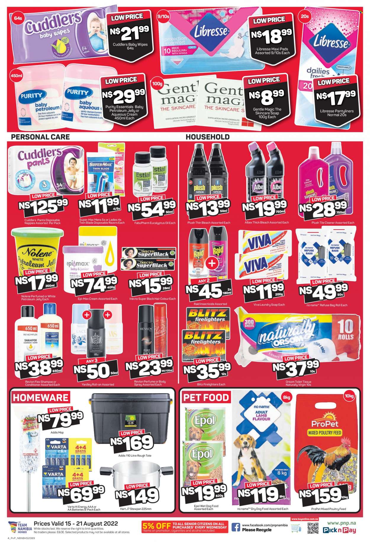 Pick n Pay catalogue  - 15/08/2022 - 21/08/2022 - Sales products - oil, alcohol, Purity, wipes, pants, baby wipes, nappies, bleach, cleaner, thick bleach, laundry soap bar, shampoo, soap, sanitary pads, pantyliners, petroleum jelly, Epi-Max, Gentle Magic, conditioner, Revlon, hair color, body spray, disposable razor, insecticide, Raid, battery, Varta, aa batteries, animal food, dog food, wet dog food, dry dog food. Page 2.