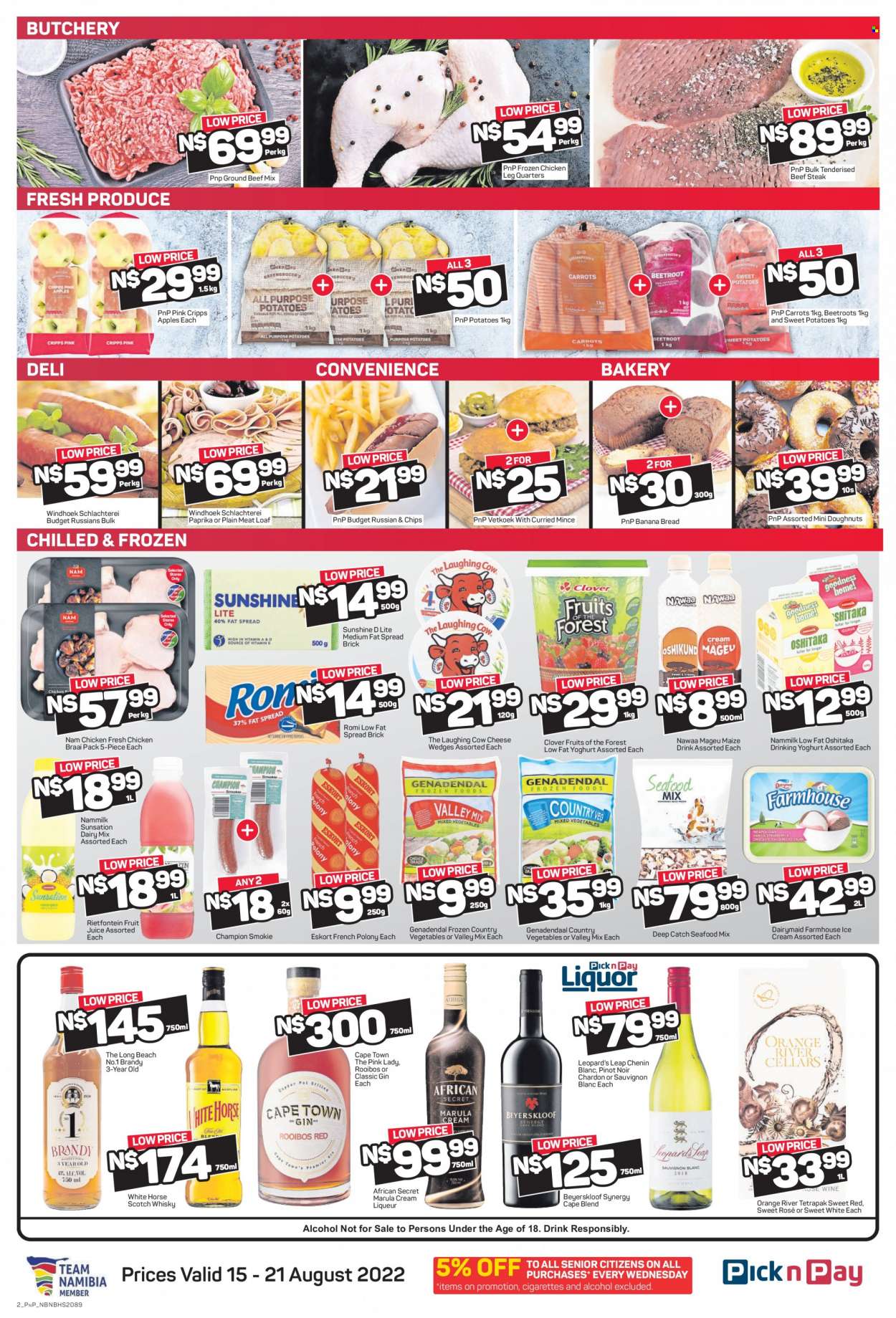 Pick n Pay catalogue  - 15/08/2022 - 21/08/2022 - Sales products - bread, donut, banana bread, carrots, sweet potato, potatoes, oranges, apples, Pink Lady, seafood, french polony, polony, russians, cheese, The Laughing Cow, yoghurt, Clover, yoghurt drink, Number 1 Mageu, fat spread, Sunshine, ice cream, fruit juice, juice, rooibos tea, red wine, white wine, wine, Pinot Noir, alcohol, Chenin Blanc, Sauvignon Blanc, rosé wine, brandy, gin, liqueur, scotch whisky, whisky, chicken legs, beef meat, beef steak, ground beef, steak. Page 3.