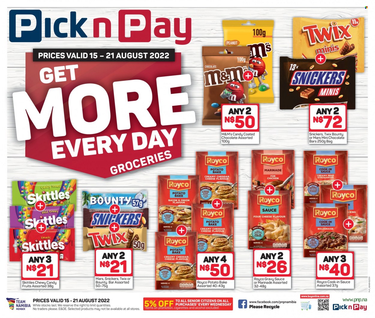 Pick n Pay catalogue  - 15/08/2022 - 21/08/2022 - Sales products - M&M's, Snickers, Twix, Bounty, Mars, Skittles, chocolate bar, marinade, alcohol. Page 1.