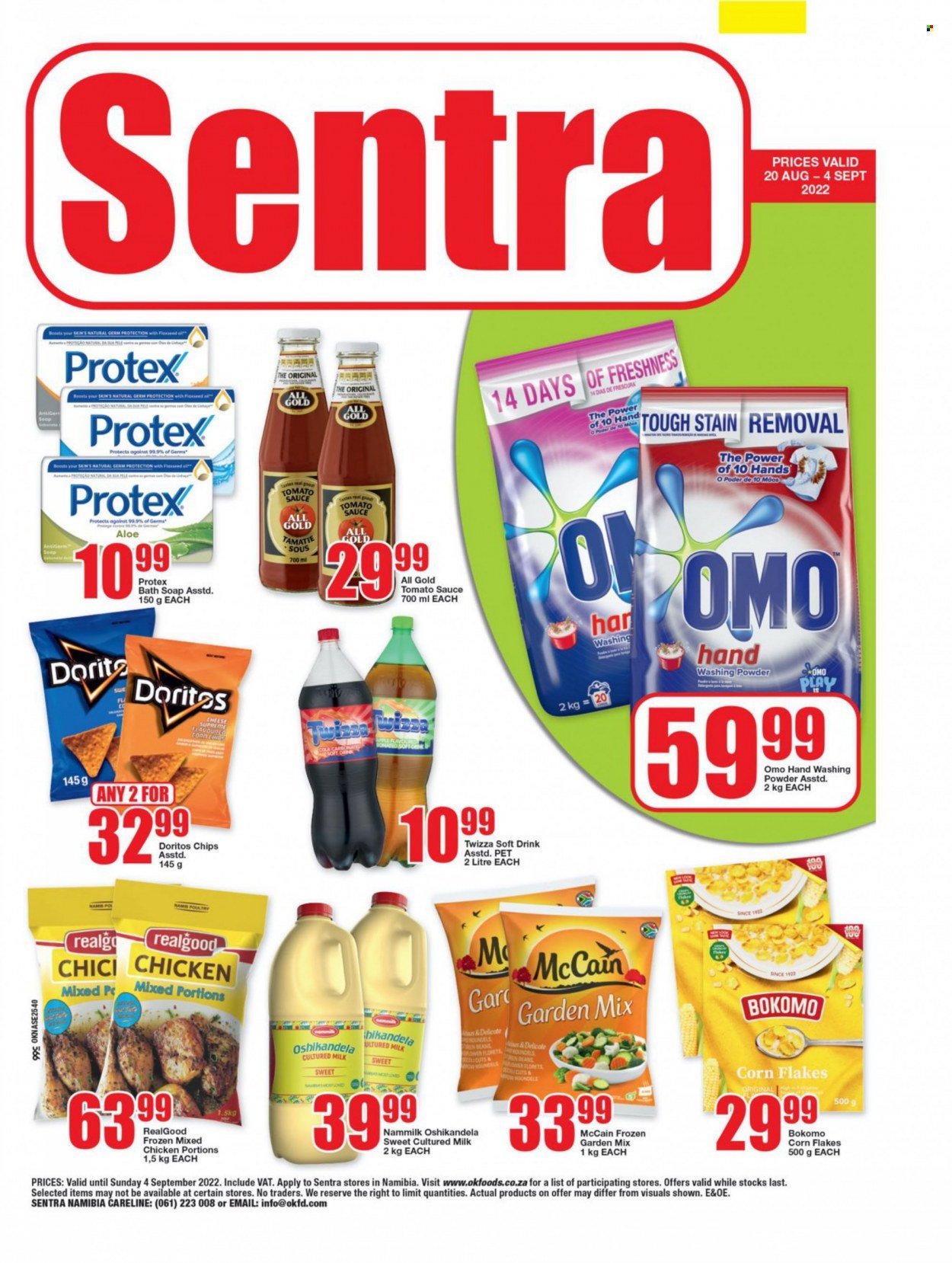 OK catalogue  - 20/08/2022 - 04/09/2022 - Sales products - beans, sauce, cheese, milk, McCain, Doritos, tomato sauce, corn flakes, oil, soft drink, Boost. Page 1.
