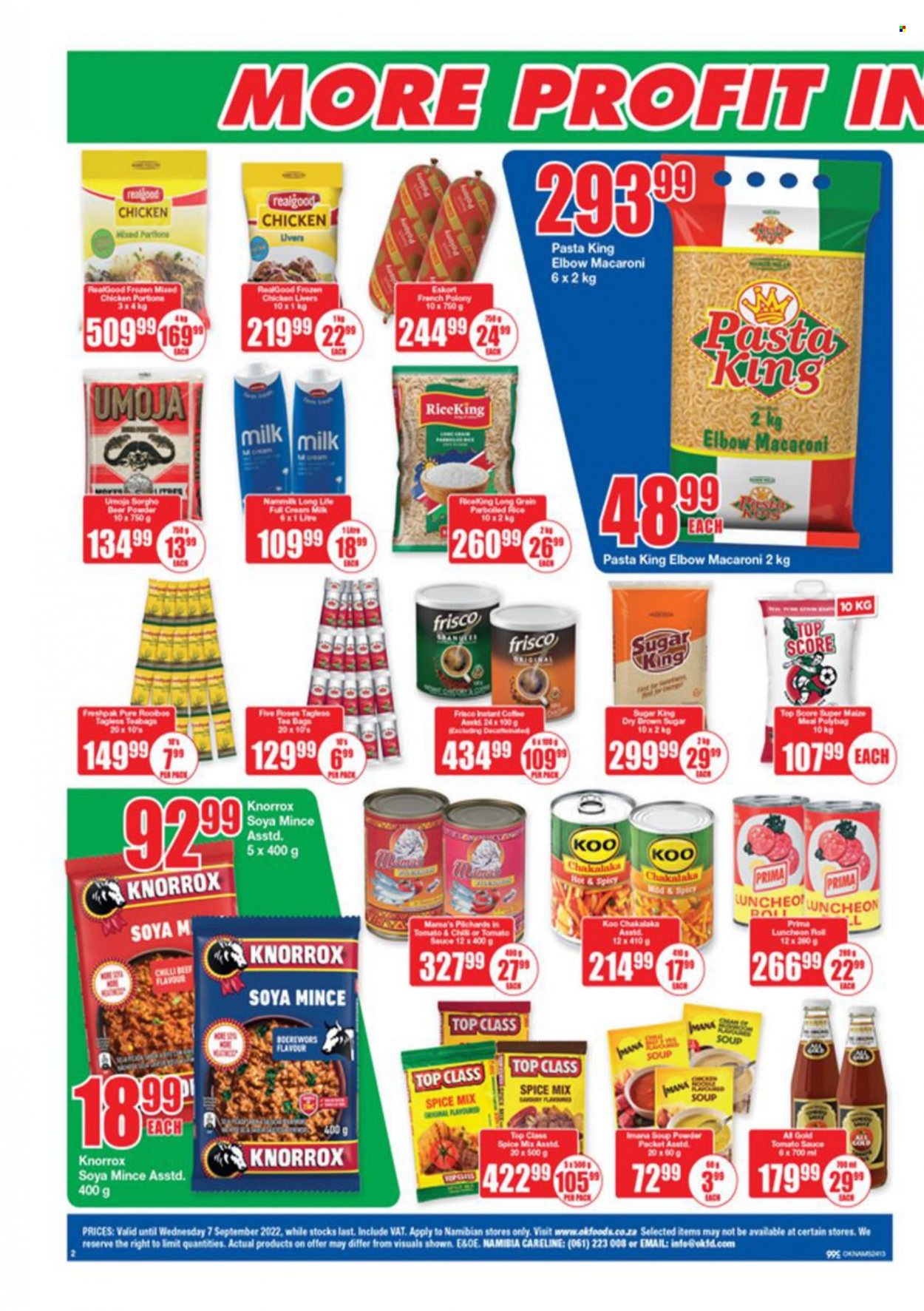 OK catalogue  - 19/08/2022 - 07/09/2022 - Sales products - macaroni, soup, pasta, chakalaka, french polony, polony, lunch meat, milk, sugar, maize meal, soya mince, Knorrox, Koo, spice, tea bags, rooibos tea, instant coffee, Frisco, chicken livers, braai wors. Page 2.